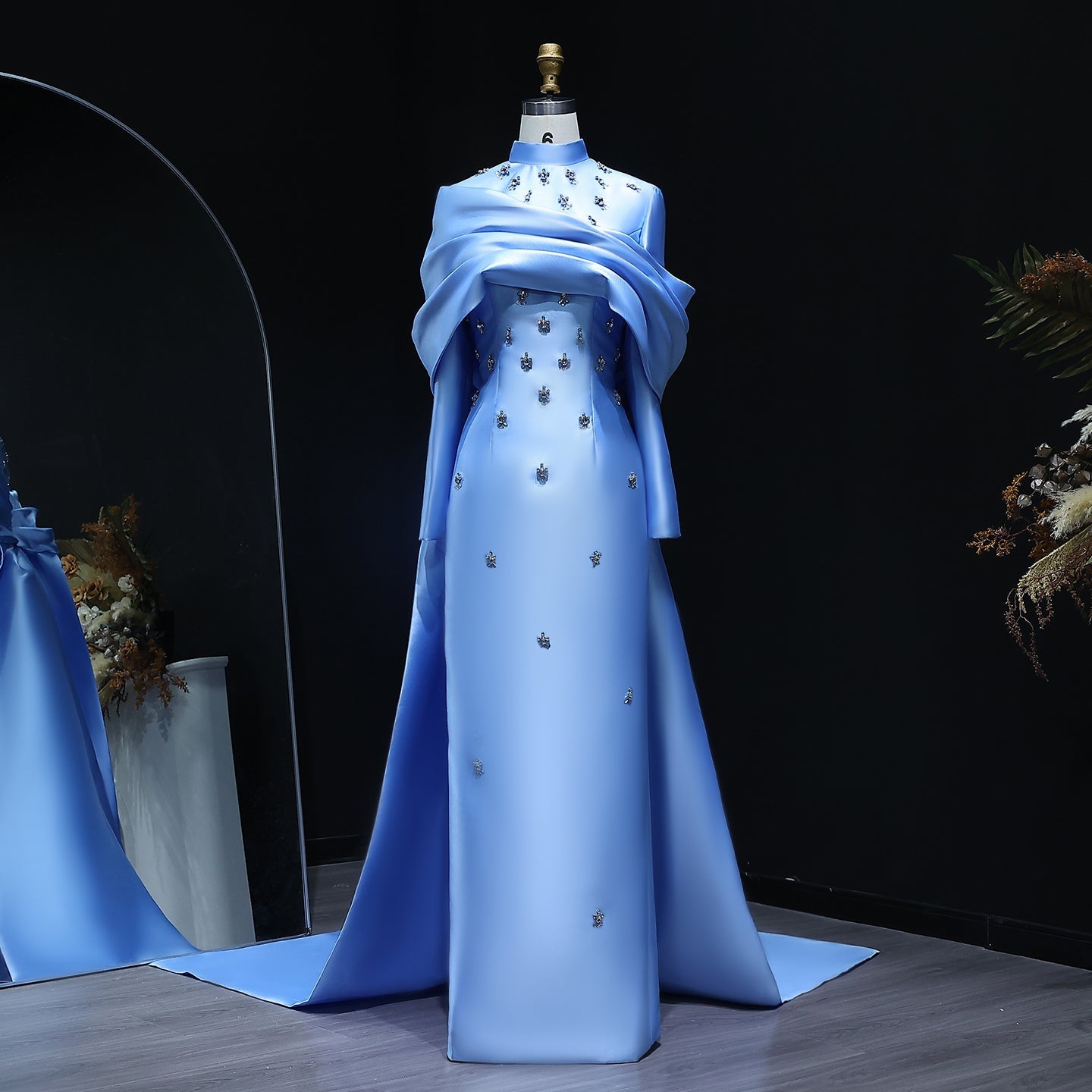 Elegant High Neck Long Sleeves Evening Dress with Overskirt SS271  Blue / US 18