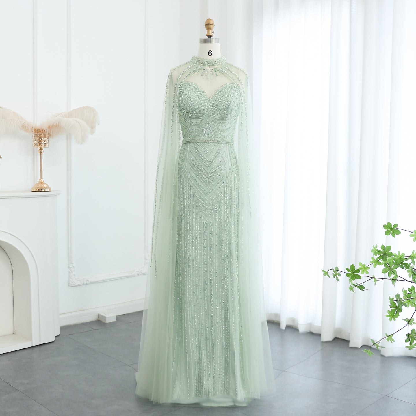 Luxury Green Evening Dress with Cape Sleeve SS164  Green / US 18