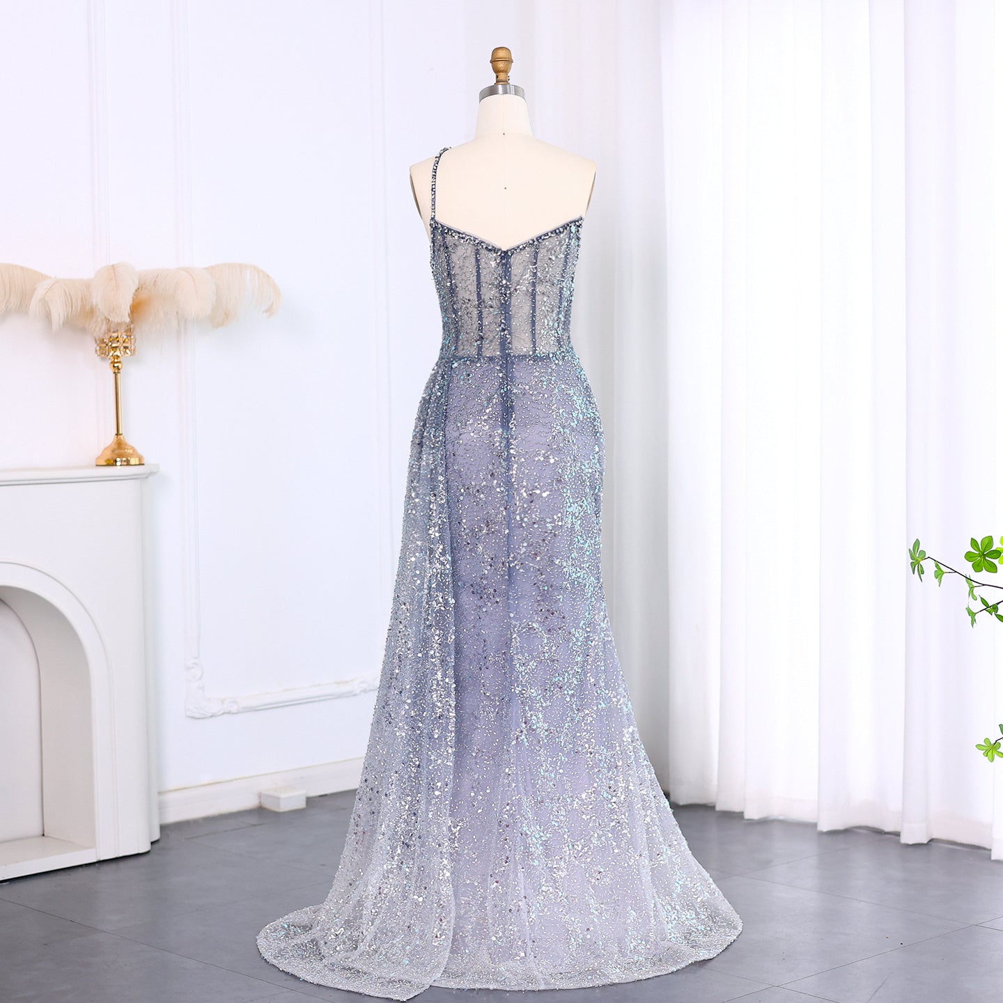 Luxury Blue One Shoulder Evening Dress with Overskirt SS710