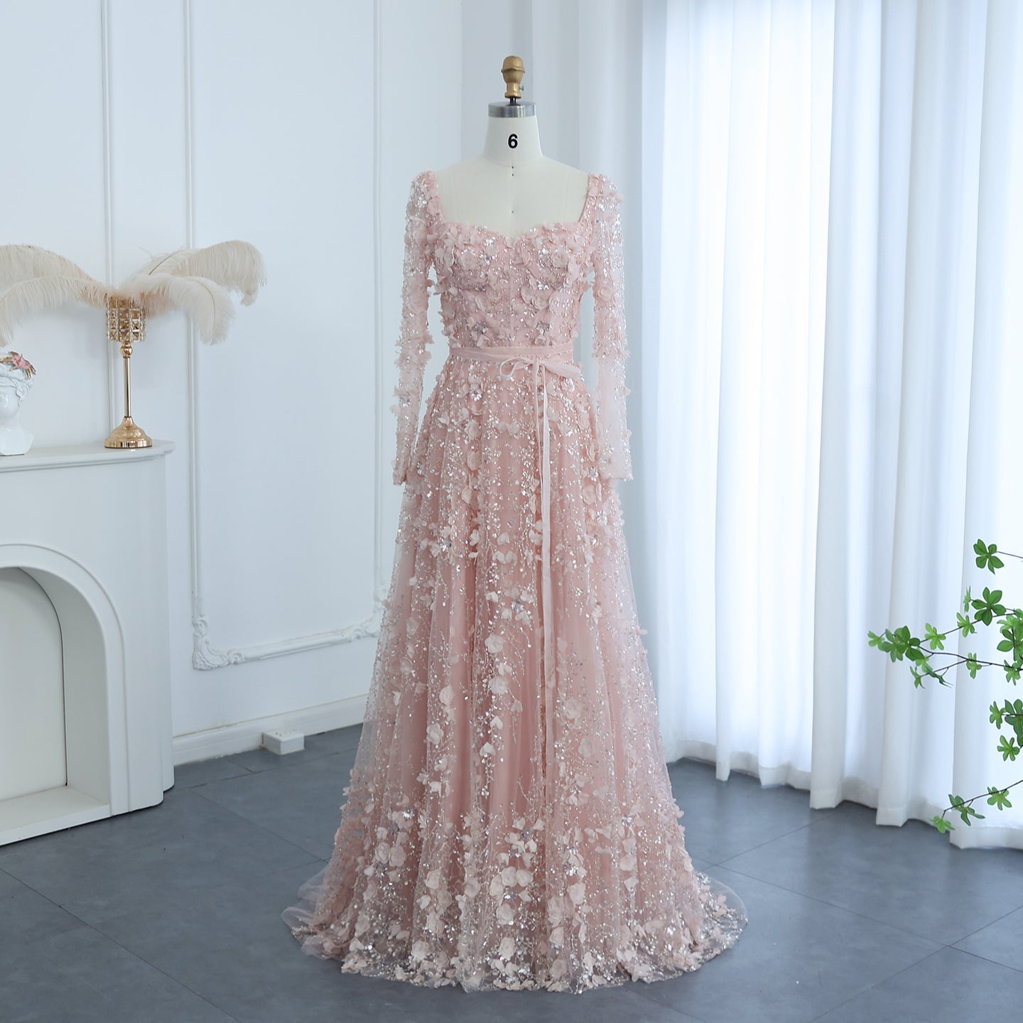 Luxury 3D Flower Gray Long Sleeves Evening Dress SS353  Pink / US 20