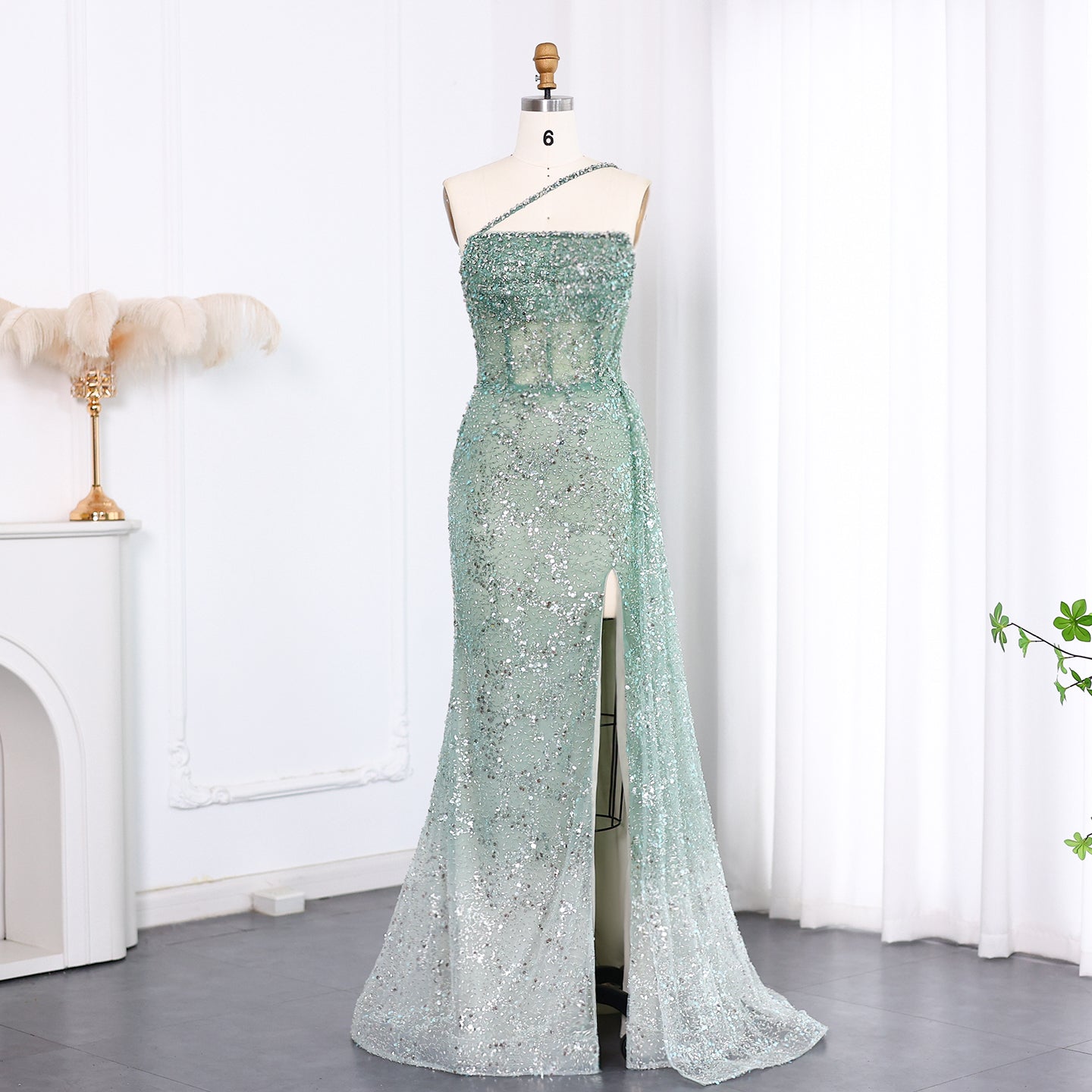 Luxury Blue One Shoulder Evening Dress with Overskirt SS710  Sage Green / US 20