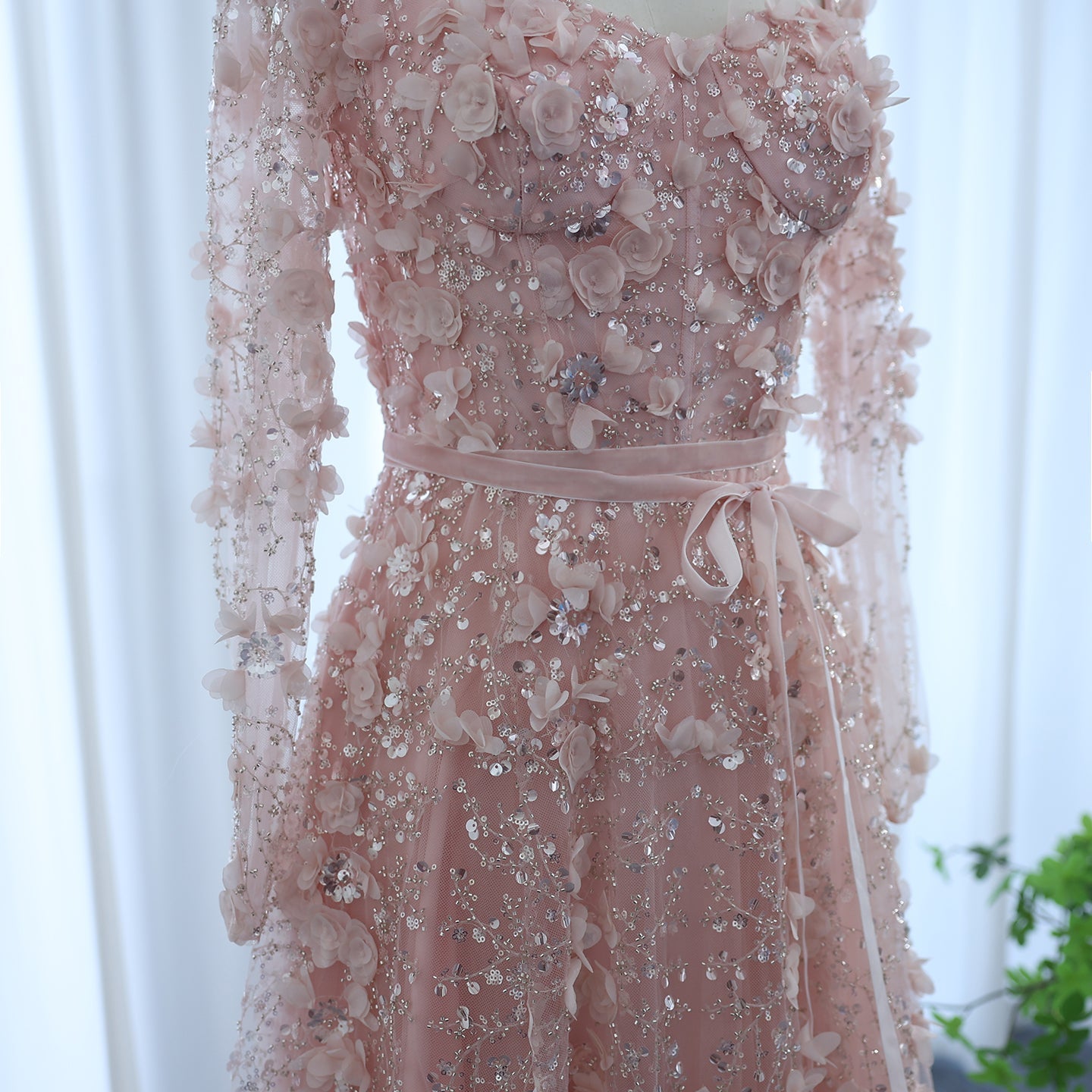 Luxury 3D Flower Gray Long Sleeves Evening Dress SS353