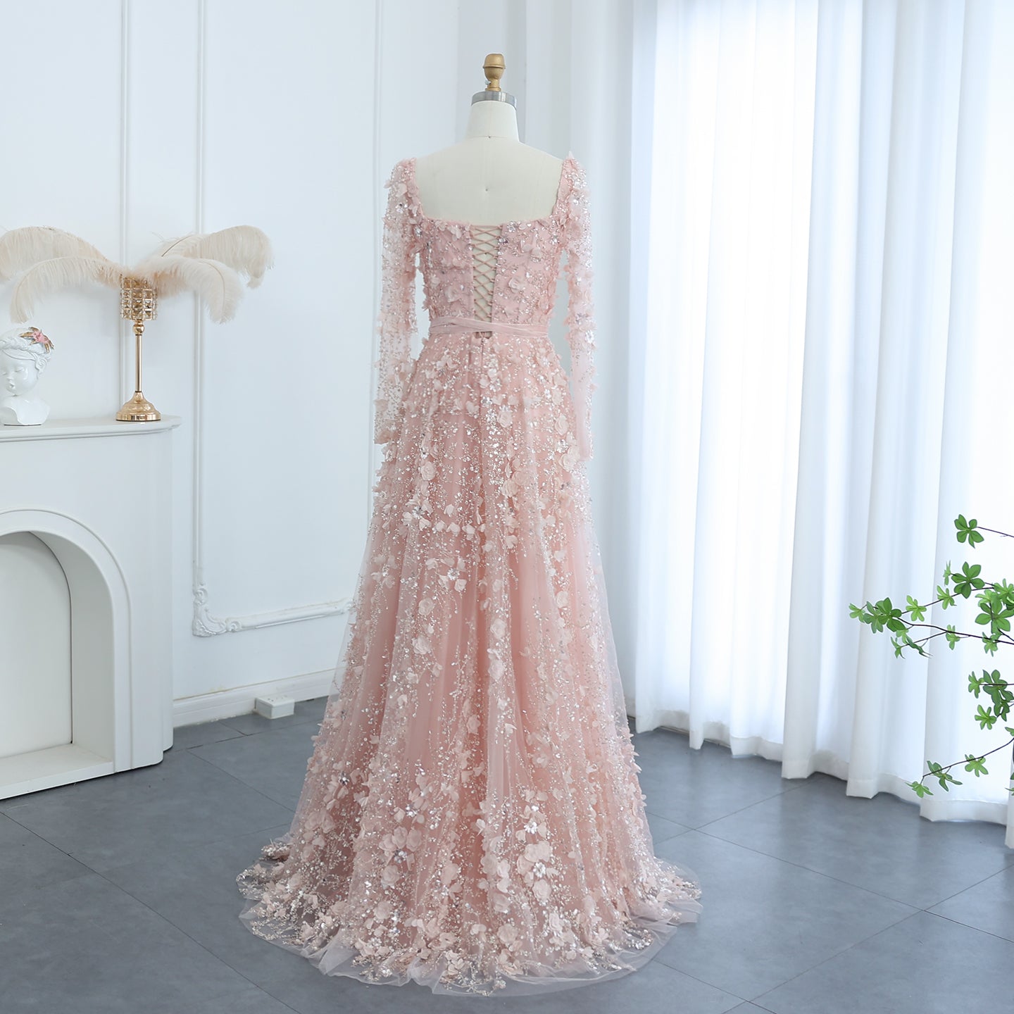 Luxury 3D Flower Gray Long Sleeves Evening Dress SS353