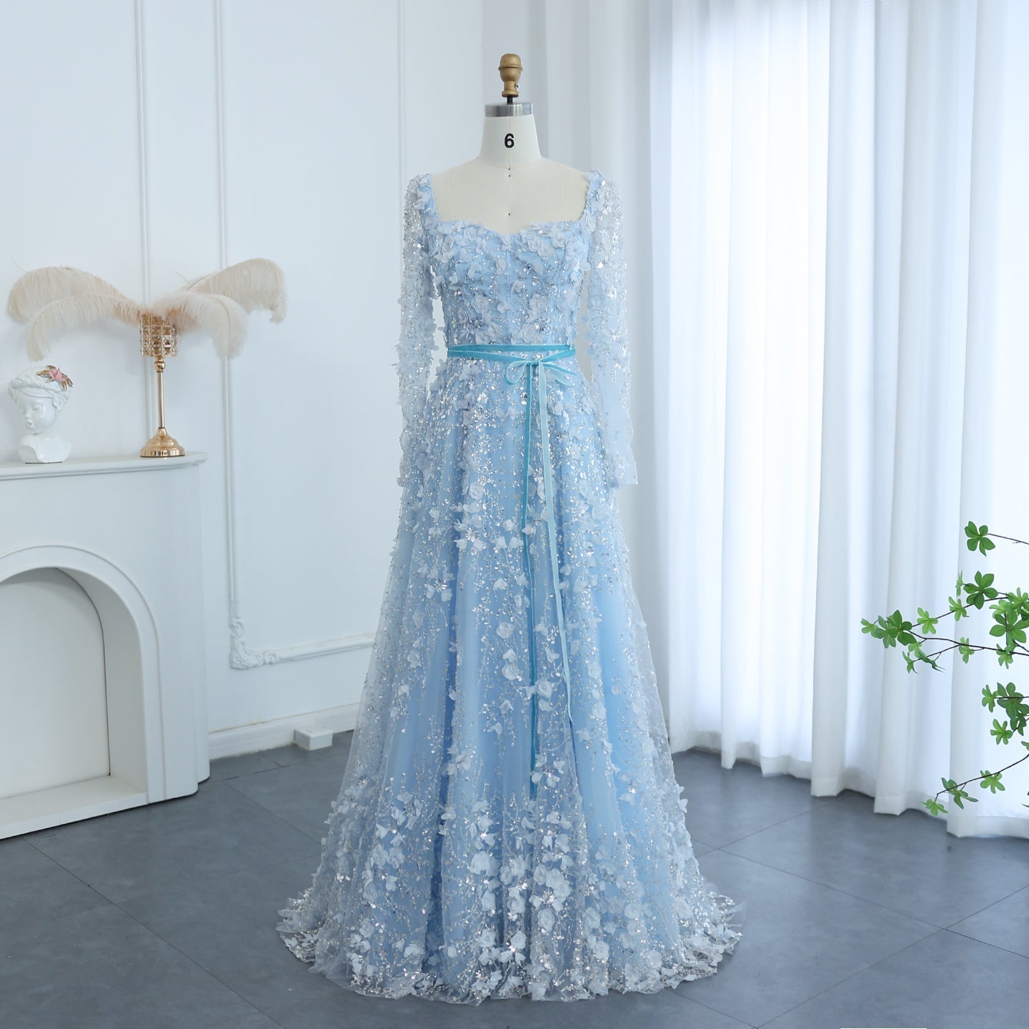 Luxury 3D Flower Gray Long Sleeves Evening Dress SS353  Blue / US 20
