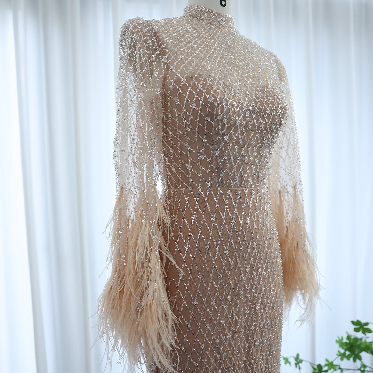 Luxury Feathers Nude Long Sleeves Evening Dress SS227