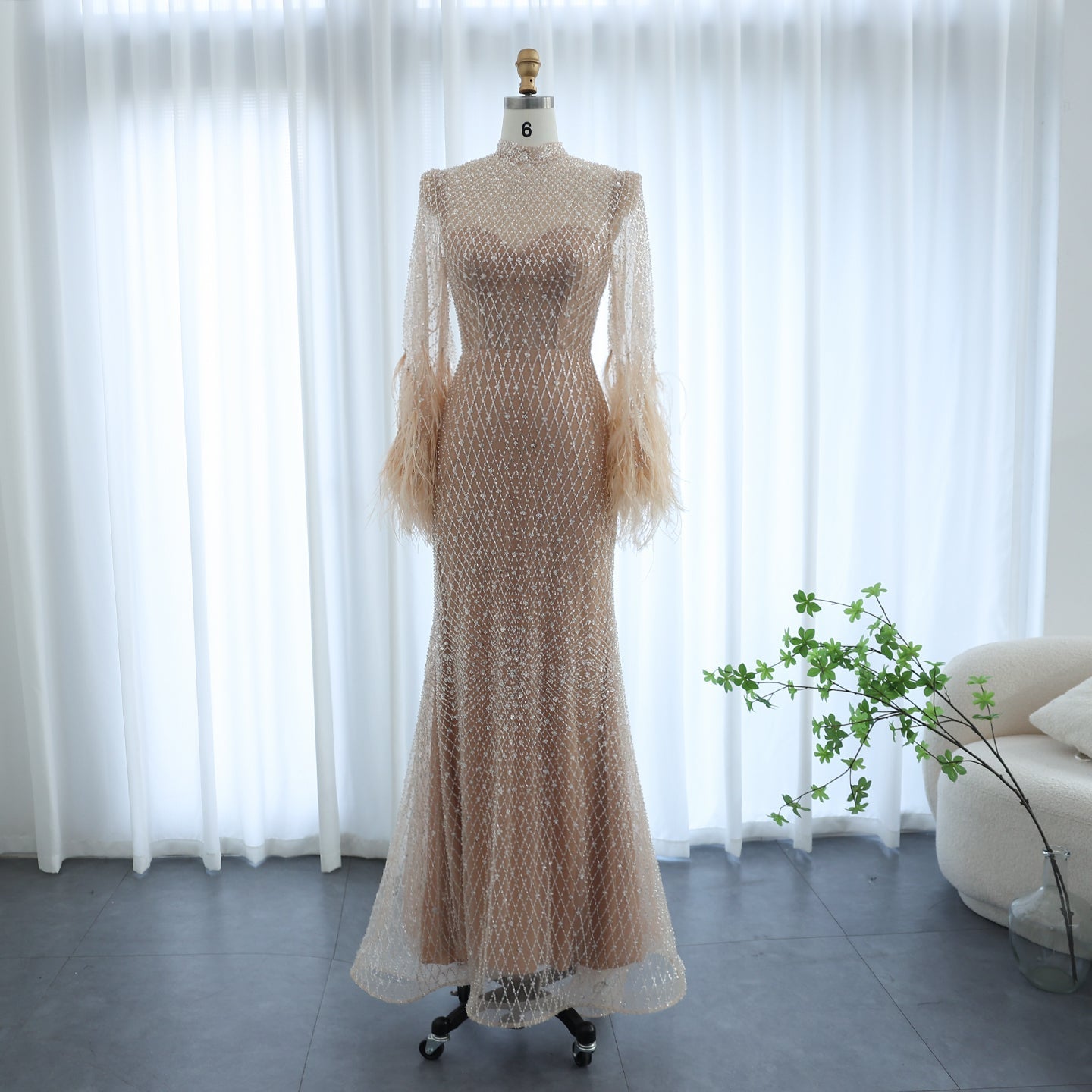 Luxury Feathers Nude Long Sleeves Evening Dress SS227  Nude / US 20