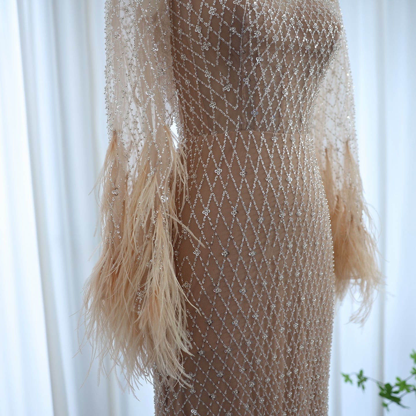 Luxury Feathers Nude Long Sleeves Evening Dress SS227