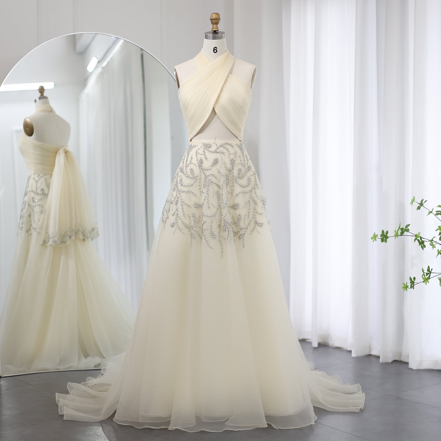 Luxury Crystal Halter Beige Evening Dress SS444  Beige / US 16