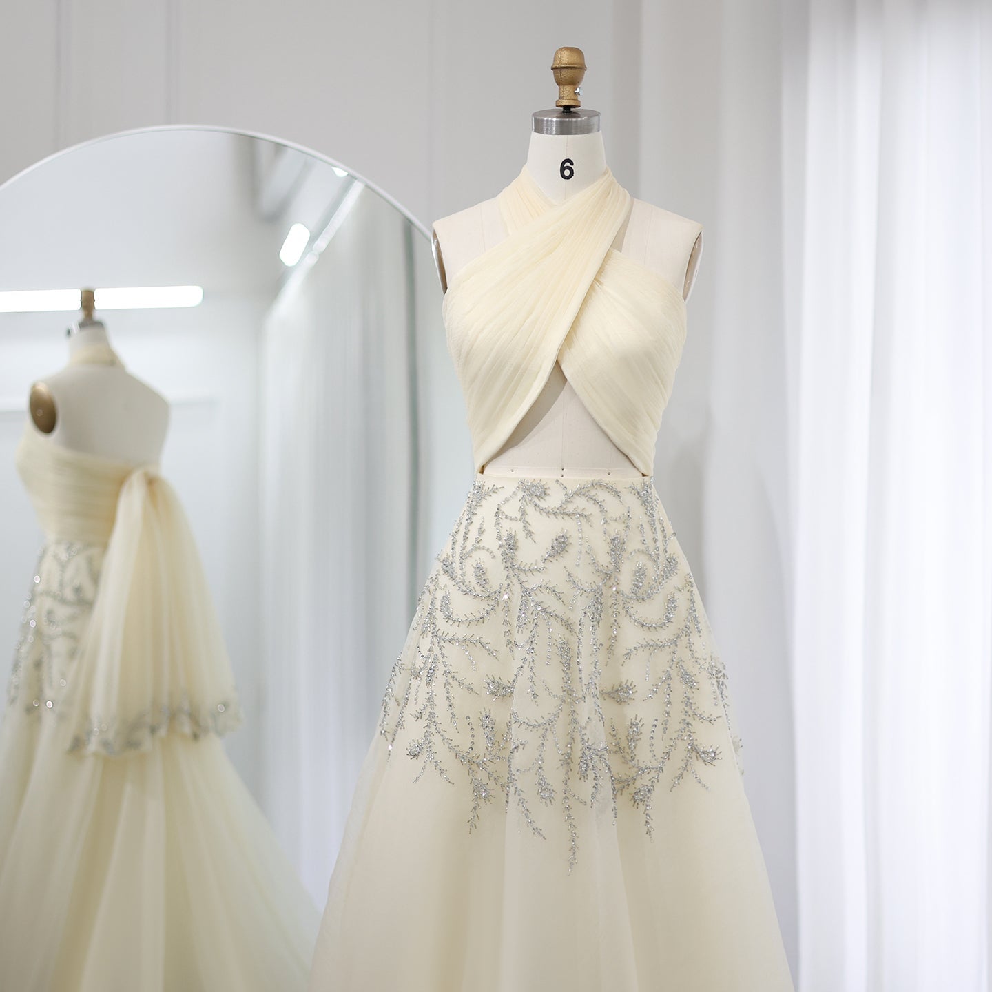 Luxury Crystal Halter Beige Evening Dress SS444