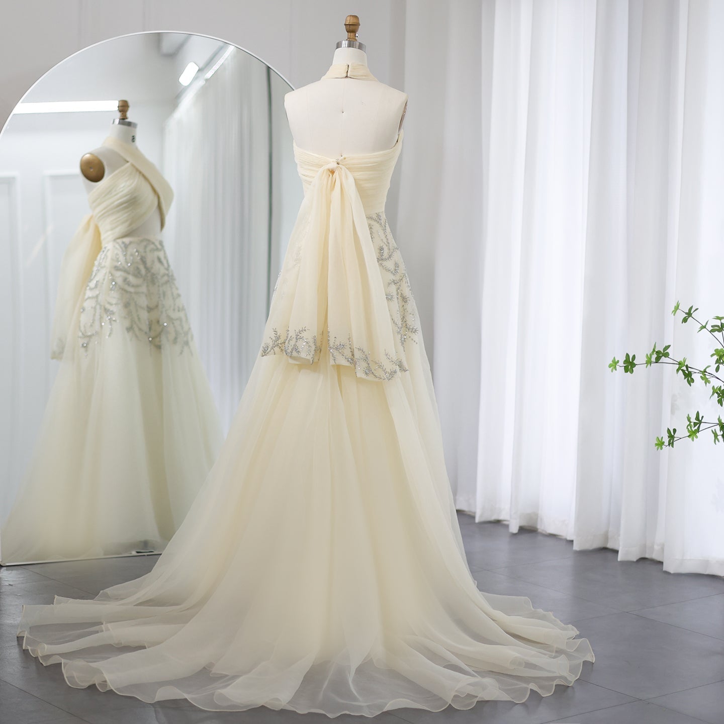 Luxury Crystal Halter Beige Evening Dress SS444