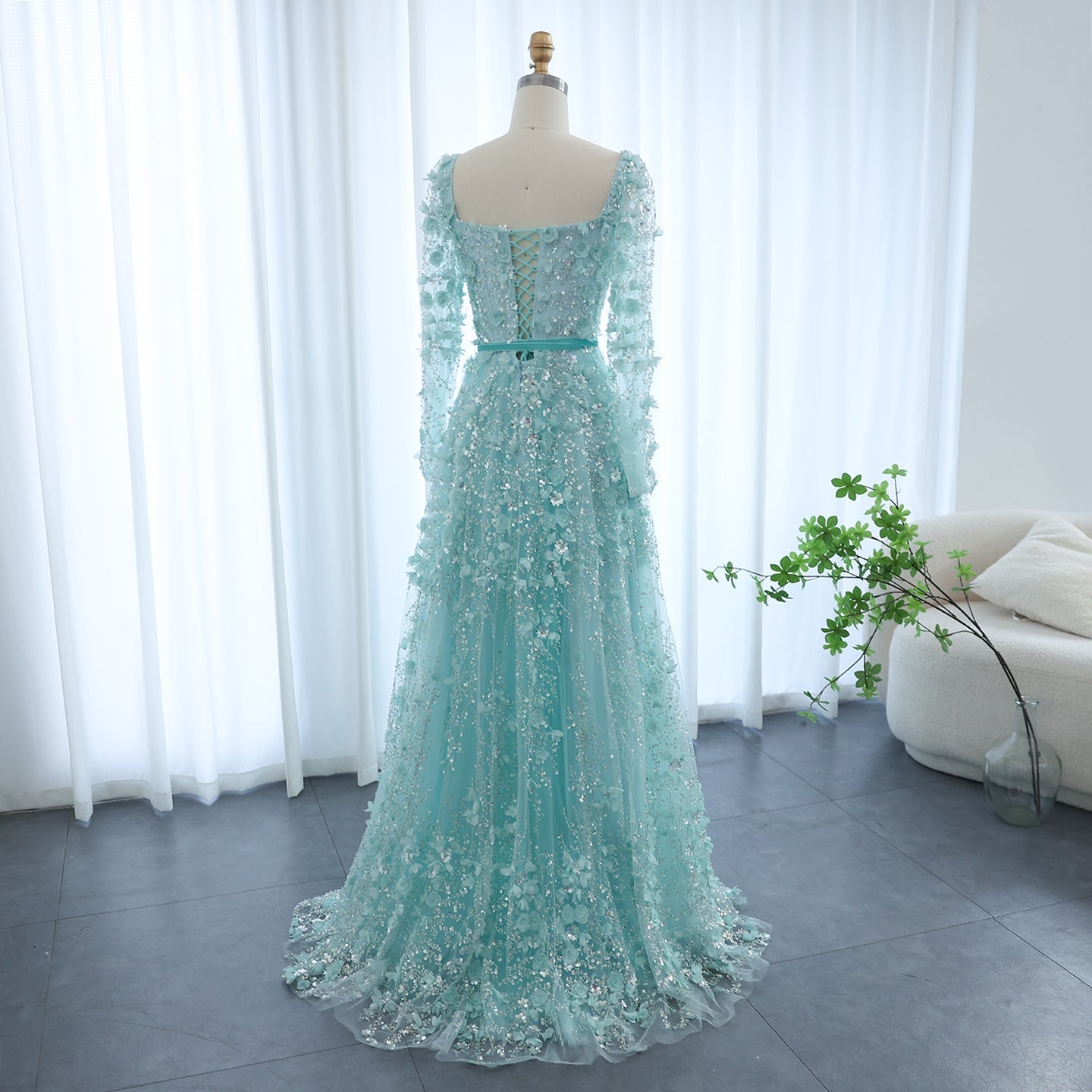 Luxury 3D Flower Gray Long Sleeves Evening Dress SS353