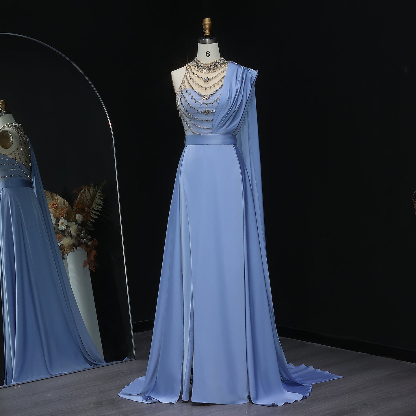 Elegant Blue Luxury Crystal Evening Gowns with Cape SS300  Blue / US 16