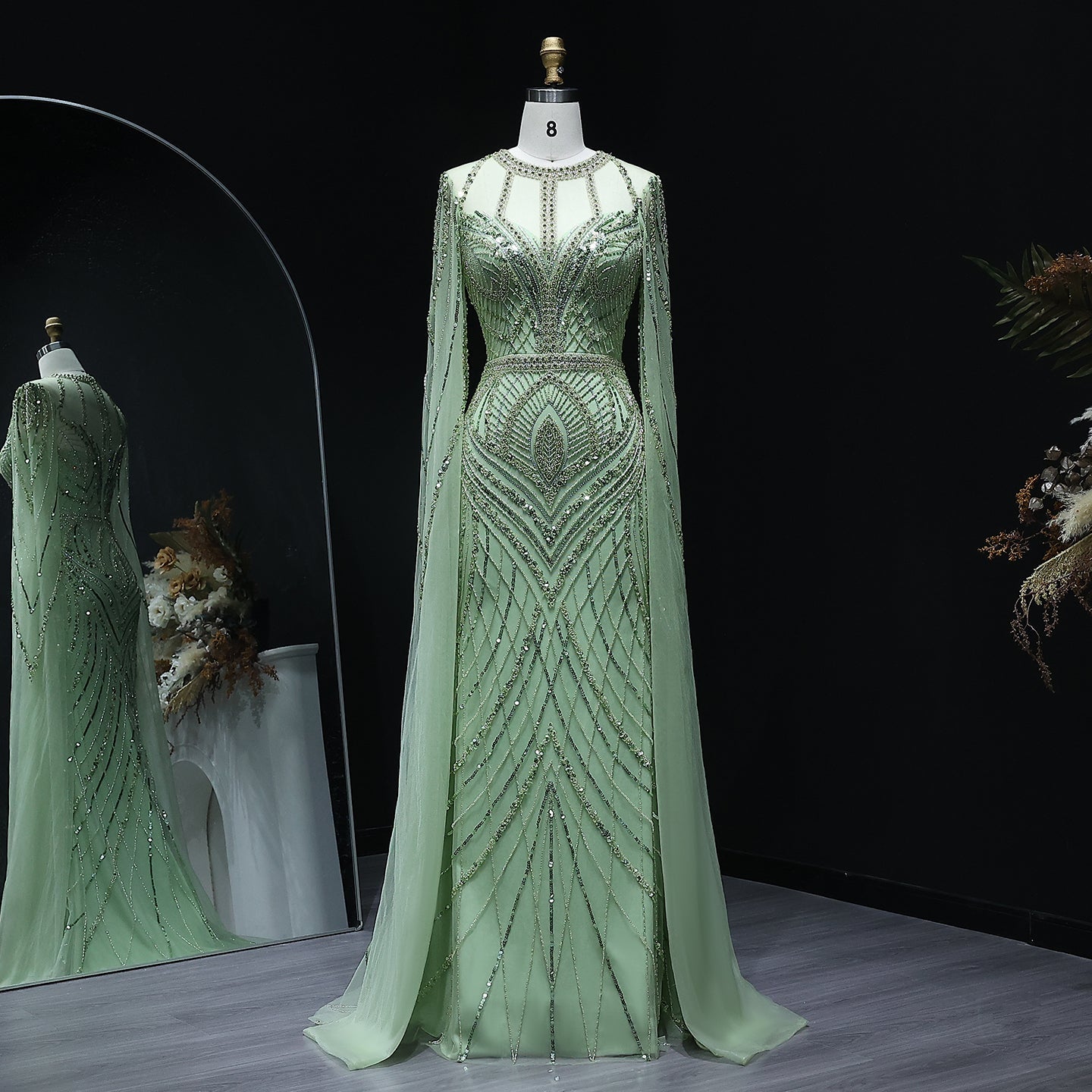 Luxury Green Mermaid Evening Dress with Cape Sleeves SS042  Green / US 18