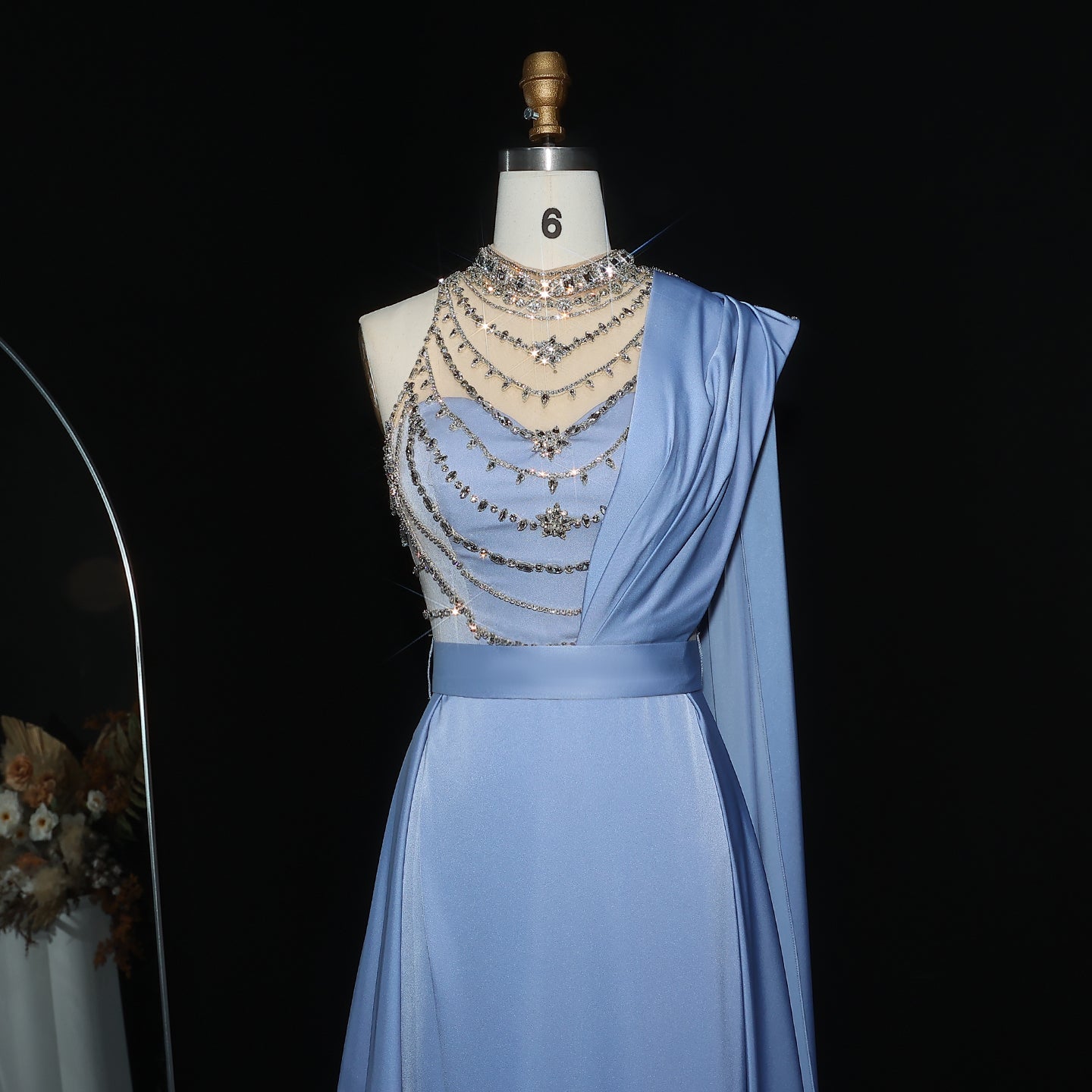 Elegant Blue Luxury Crystal Evening Gowns with Cape SS300