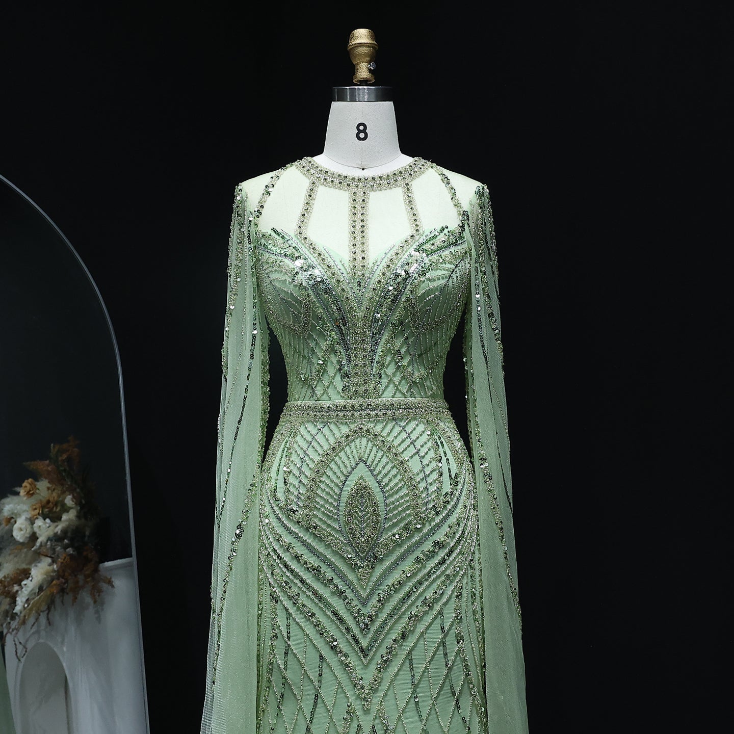 Luxury Green Mermaid Evening Dress with Cape Sleeves SS042