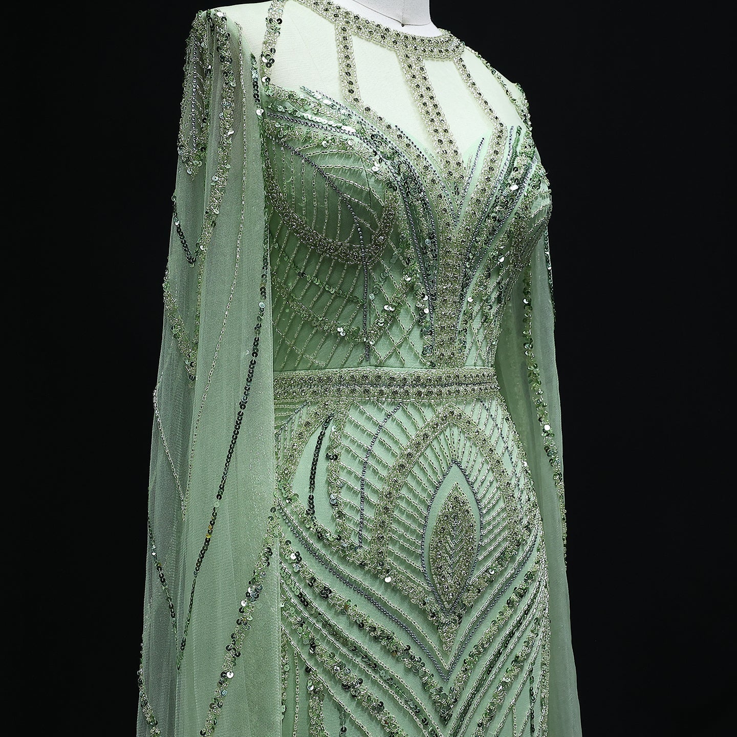 Luxury Green Mermaid Evening Dress with Cape Sleeves SS042