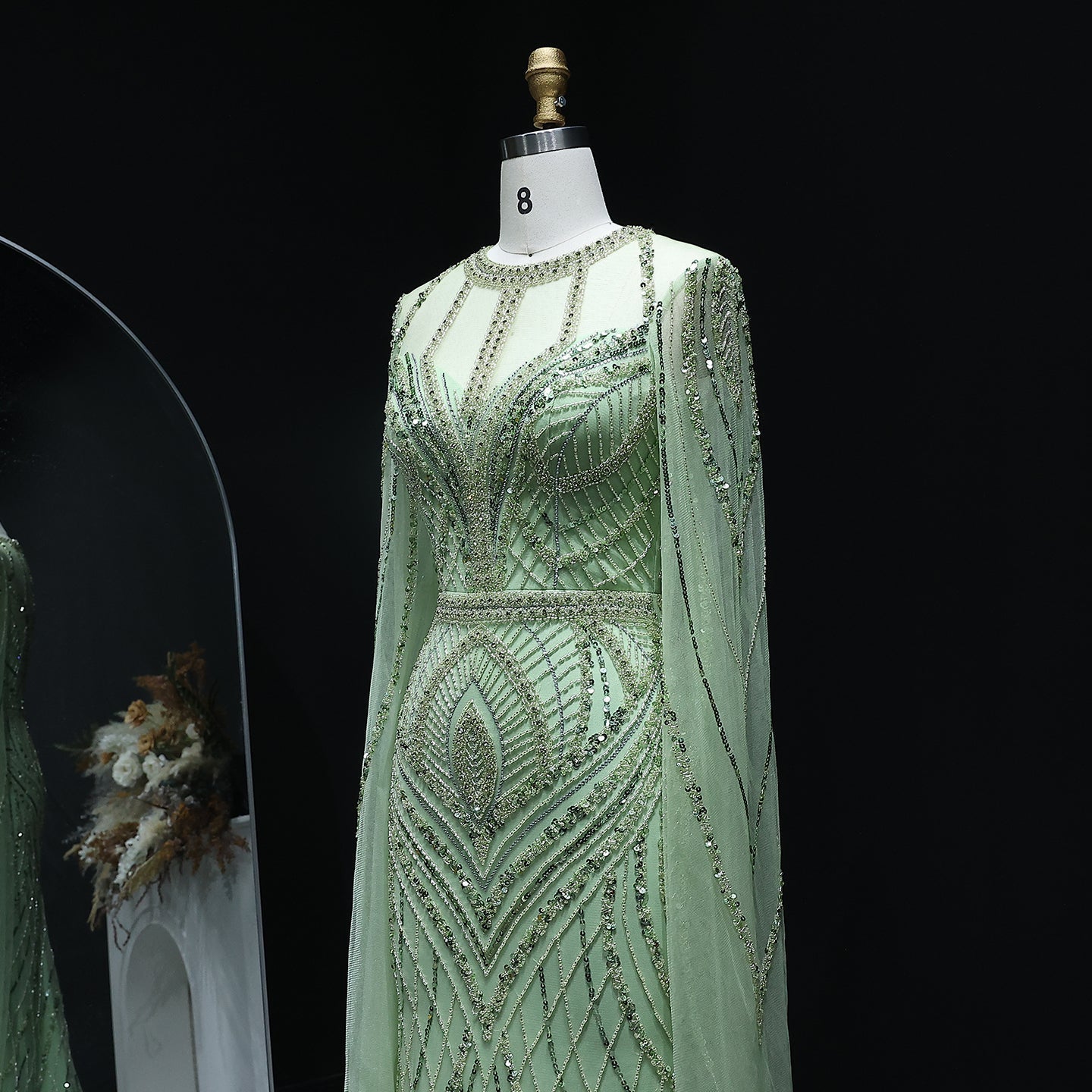 Luxury Green Mermaid Evening Dress with Cape Sleeves SS042
