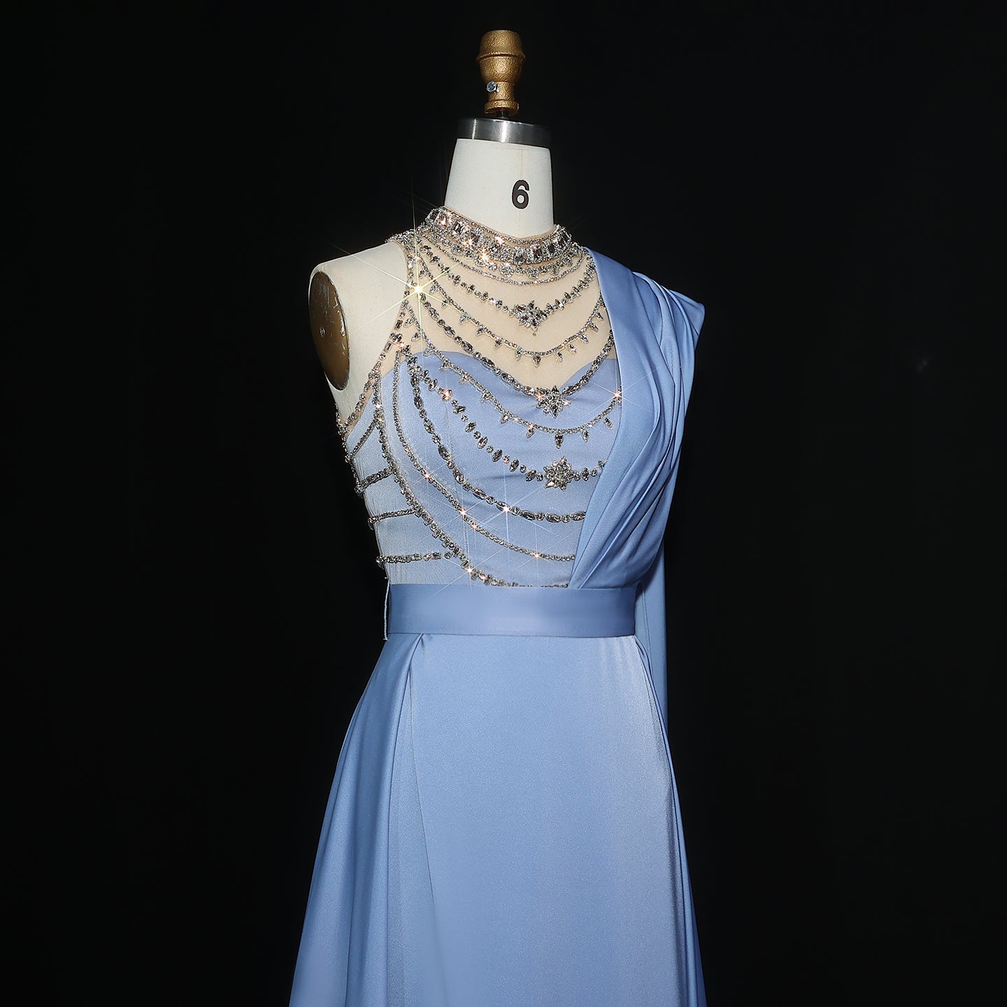 Elegant Blue Luxury Crystal Evening Gowns with Cape SS300