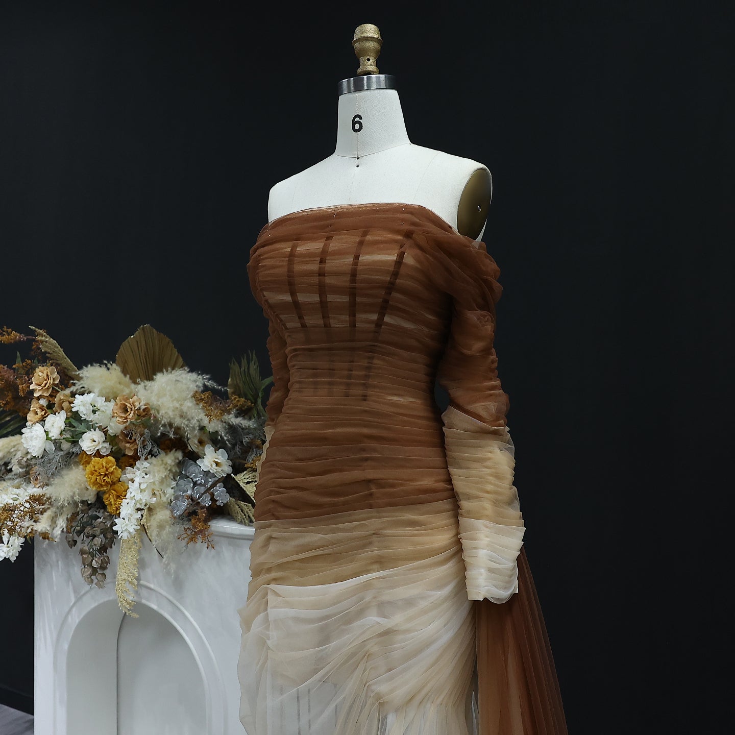 Brown Tulle Off Shoulder Evening Dress with Slit SF232