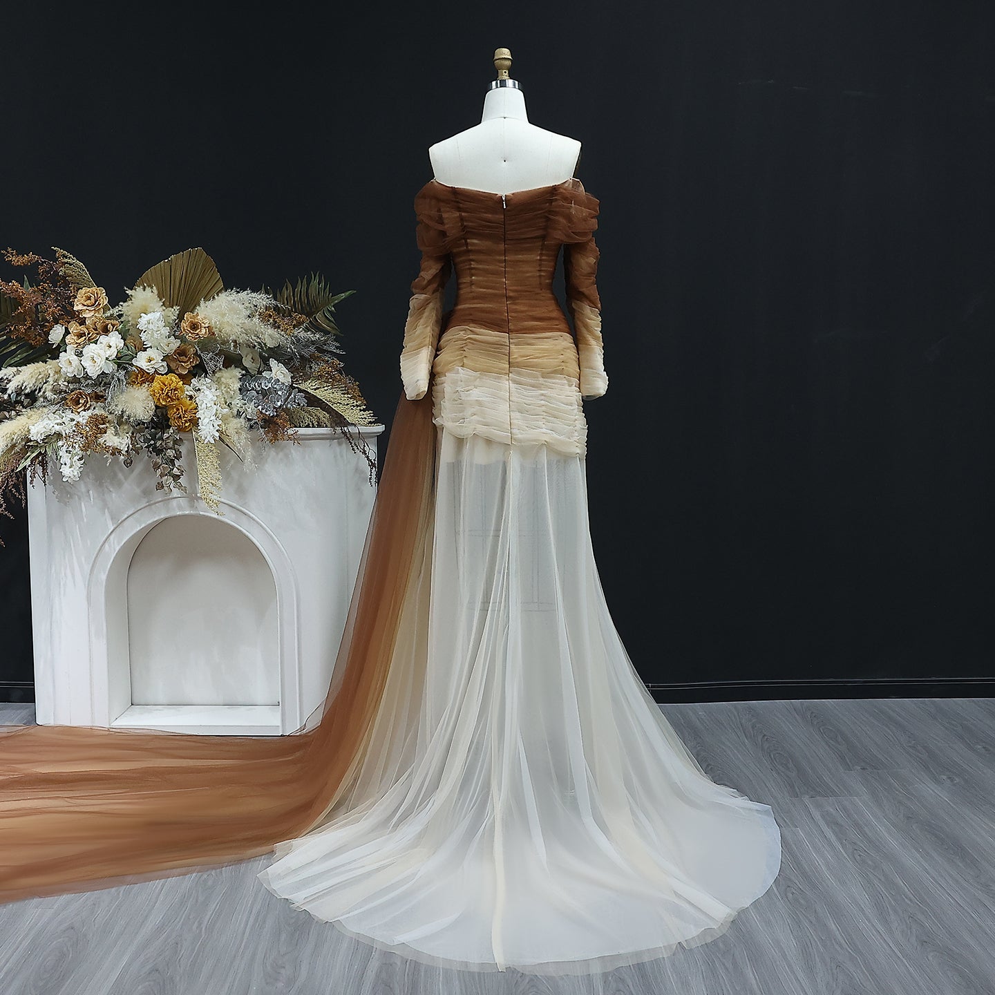 Brown Tulle Off Shoulder Evening Dress with Slit SF232