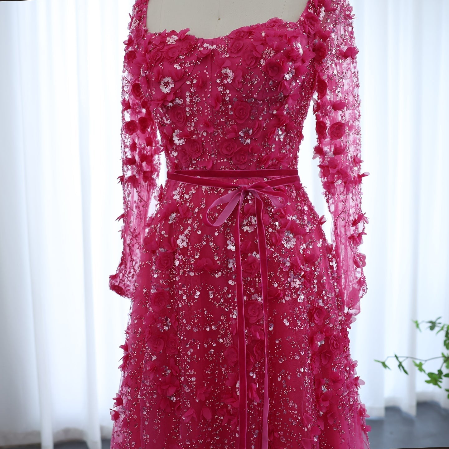 Luxury 3D Flower Gray Long Sleeves Evening Dress SS353