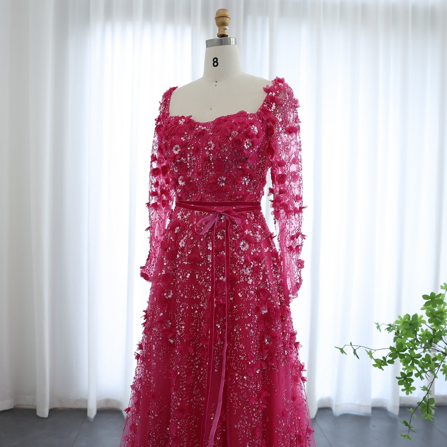 Luxury 3D Flower Gray Long Sleeves Evening Dress SS353