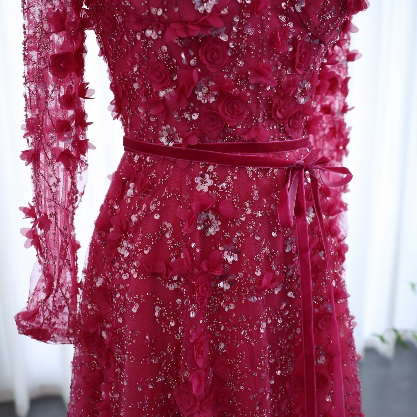 Luxury 3D Flower Gray Long Sleeves Evening Dress SS353