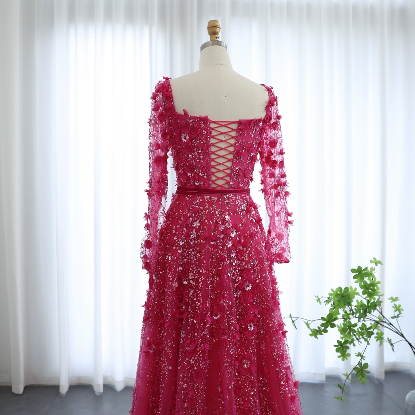 Luxury 3D Flower Gray Long Sleeves Evening Dress SS353