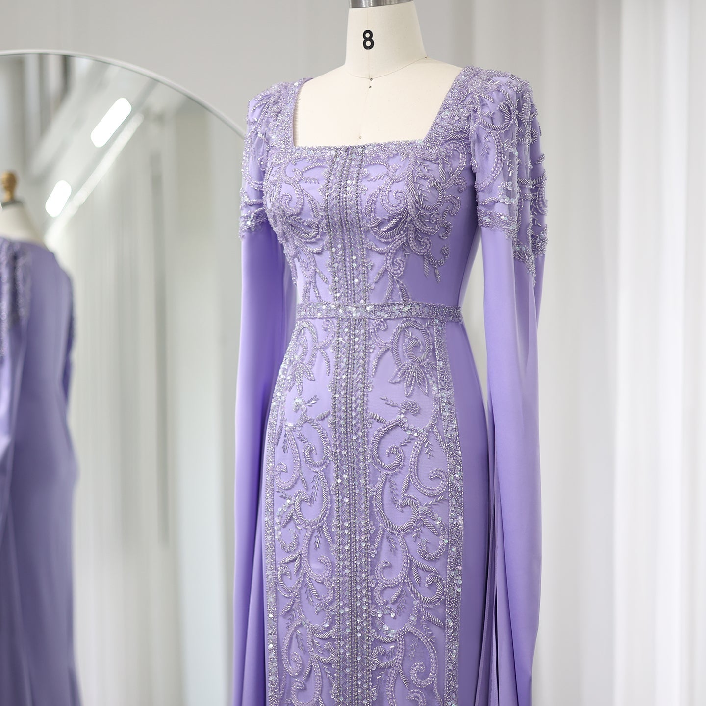 Luxury Blue Muslim Evening Dress with Cape Sleeves SS365