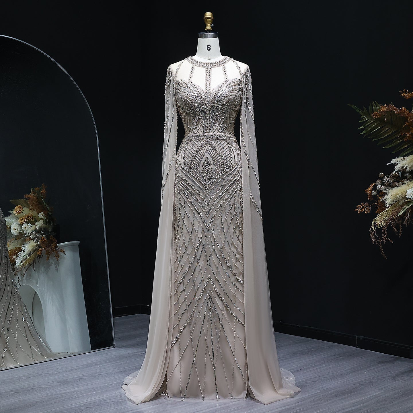 Luxury Green Mermaid Evening Dress with Cape Sleeves SS042  Champagne / US 18