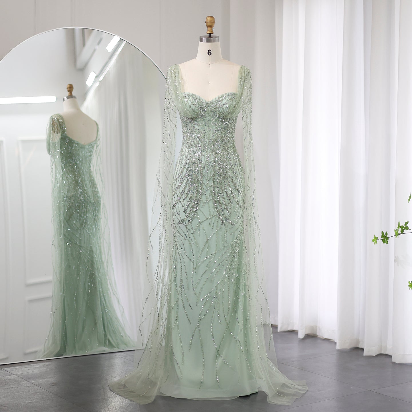 Luxury Lilac Mermaid Evening Dress with Cape Sleeves SS237  Sage Green / US 16