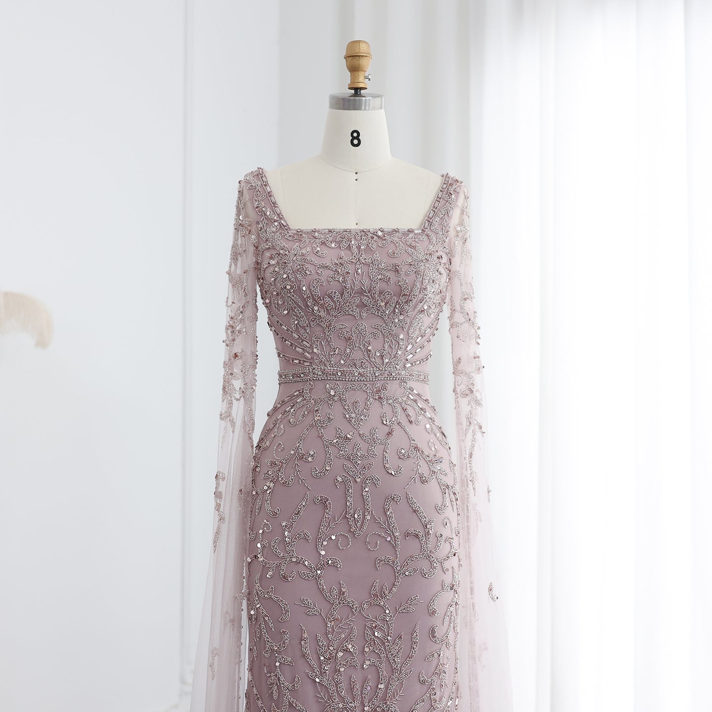 Luxury Turquoise Beaded Mermaid Evening Dress with Cape Sleeves SS469