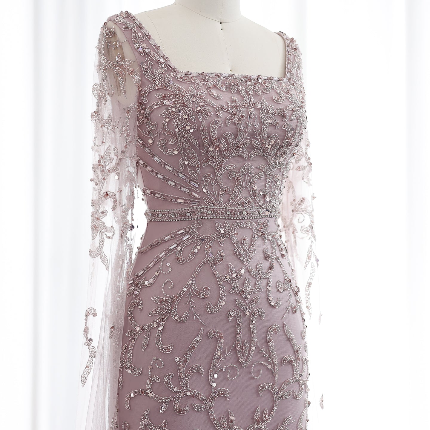 Luxury Turquoise Beaded Mermaid Evening Dress with Cape Sleeves SS469