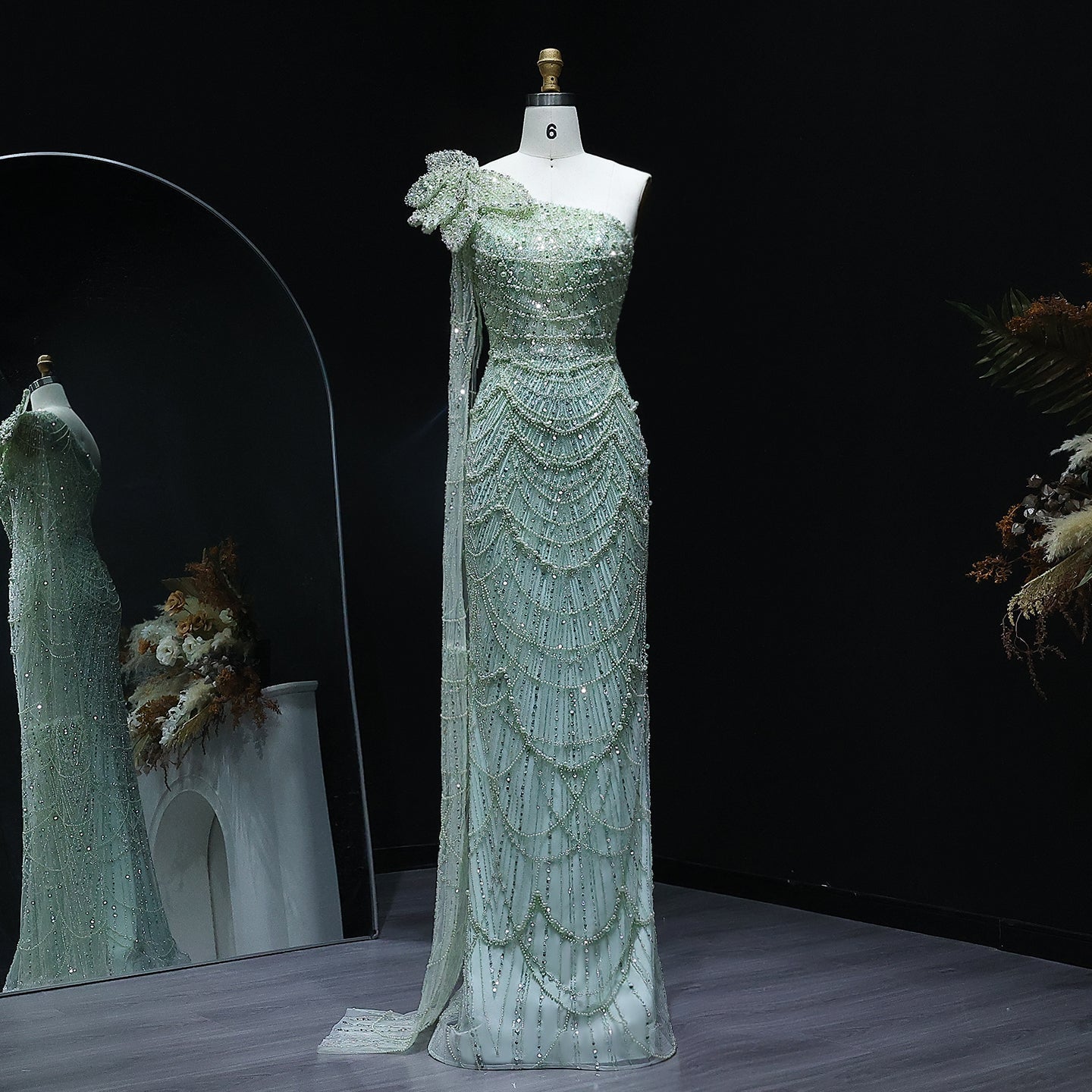 Luxury Pearls 3D Flower Green One Shoulder Evening Dress SS688  Green / US 22