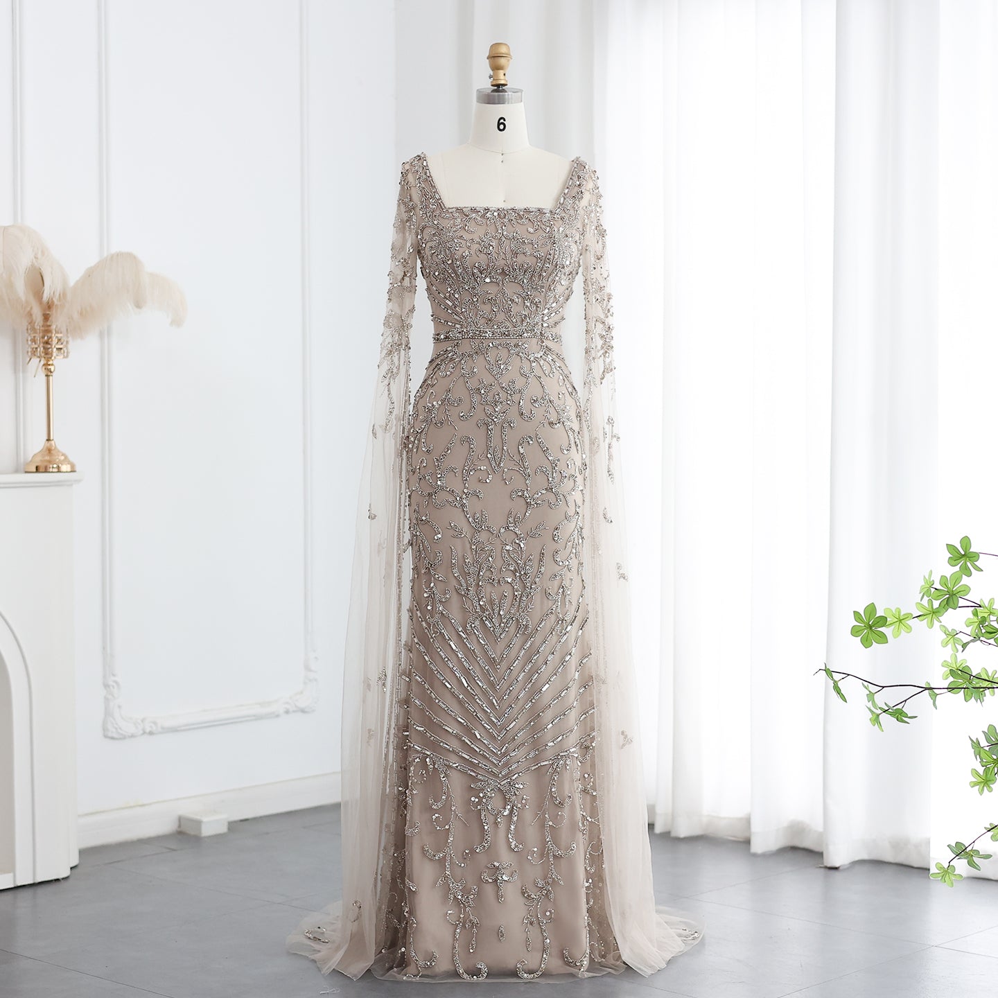 Luxury Turquoise Beaded Mermaid Evening Dress with Cape Sleeves SS469