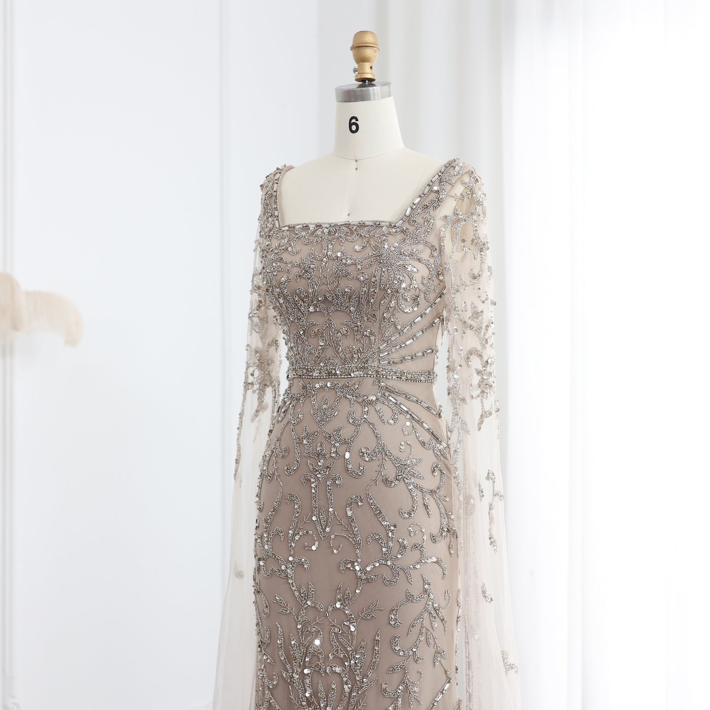 Luxury Turquoise Beaded Mermaid Evening Dress with Cape Sleeves SS469