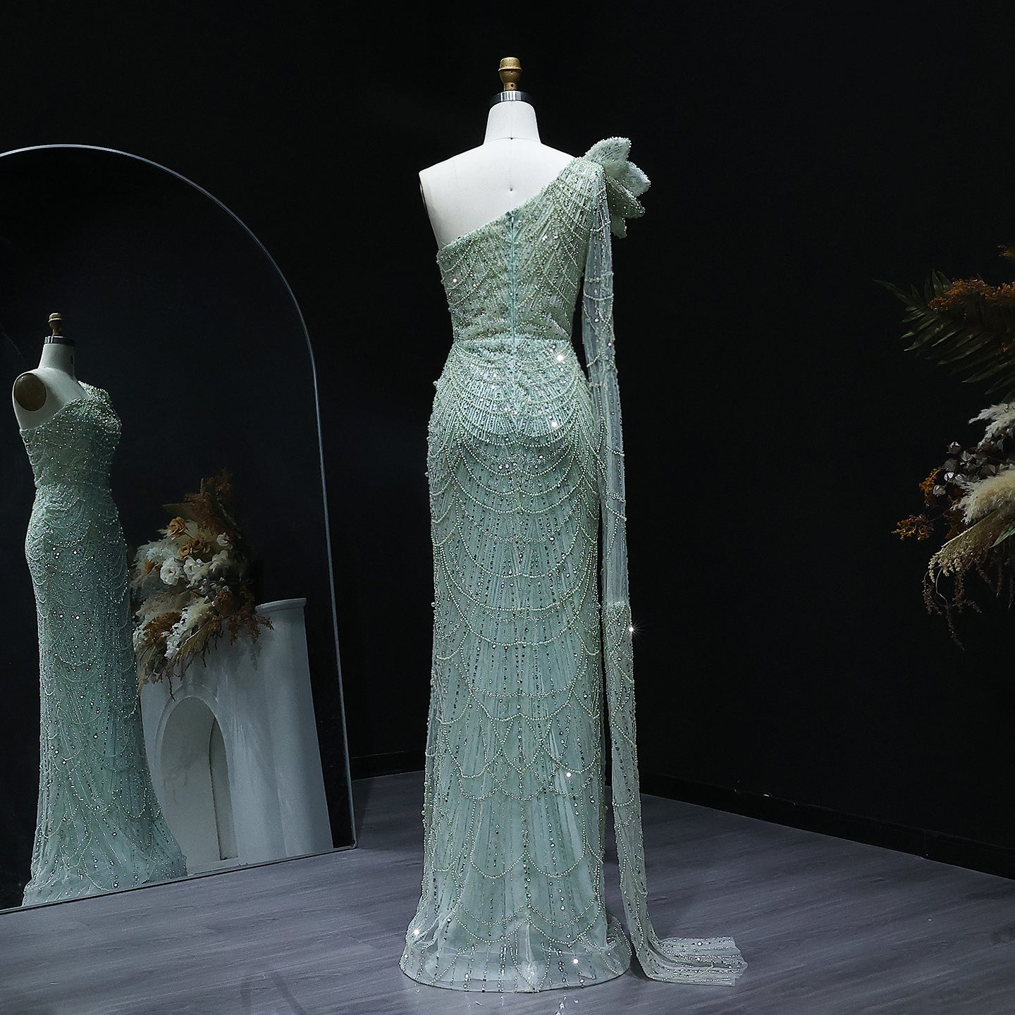 Luxury Pearls 3D Flower Green One Shoulder Evening Dress SS688