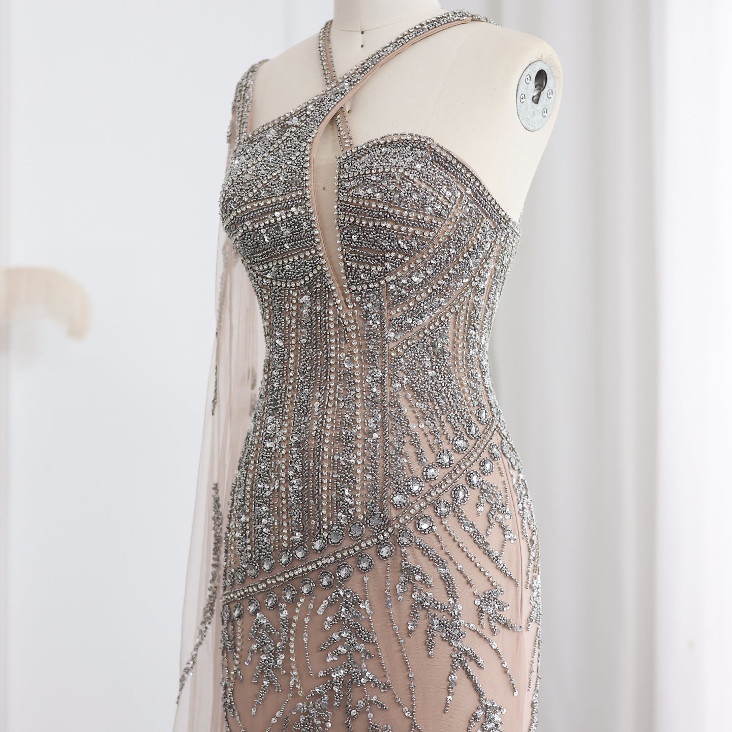 Luxury Beaded Nude One Shoulder Side Slit Evening Dress SS154