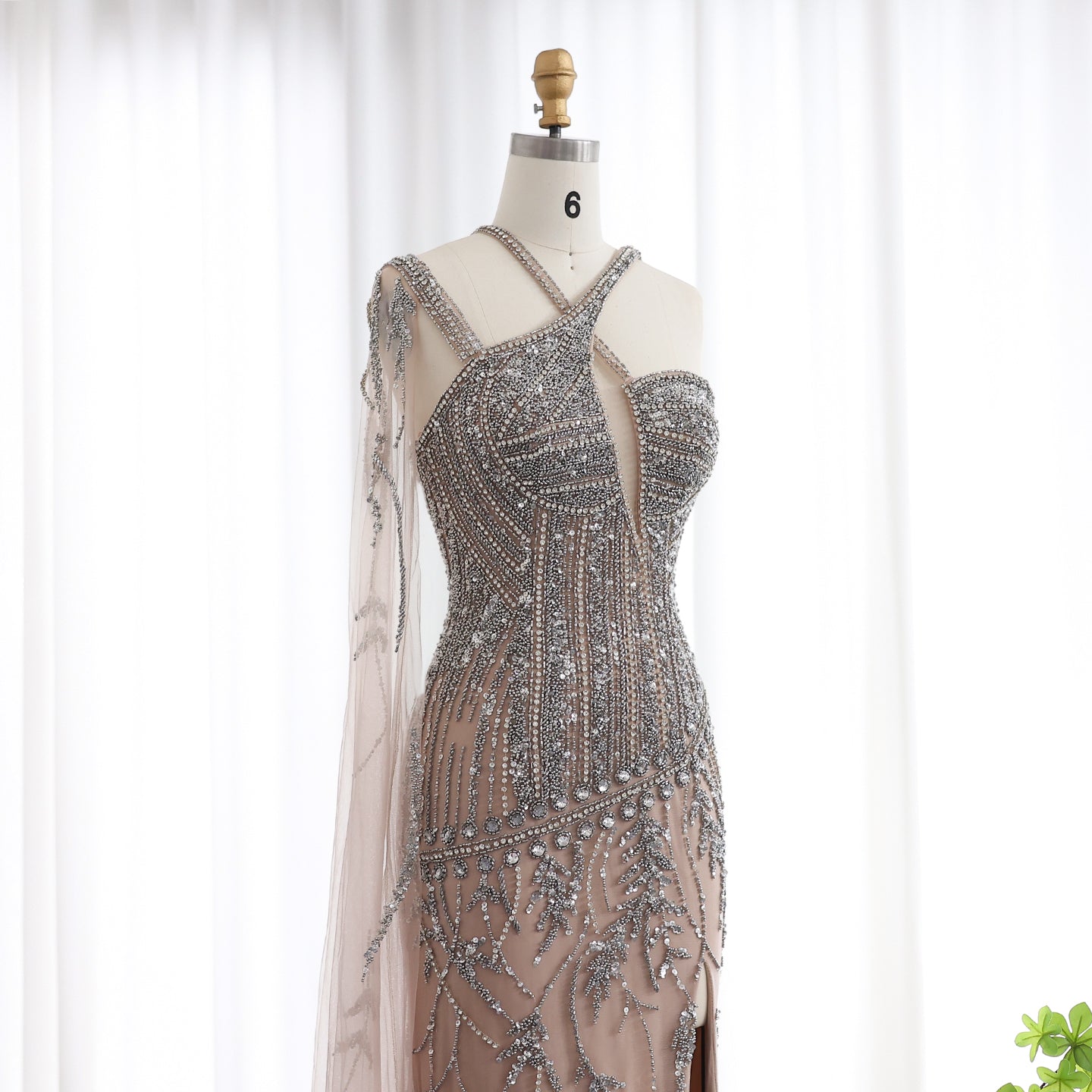 Luxury Beaded Nude One Shoulder Side Slit Evening Dress SS154