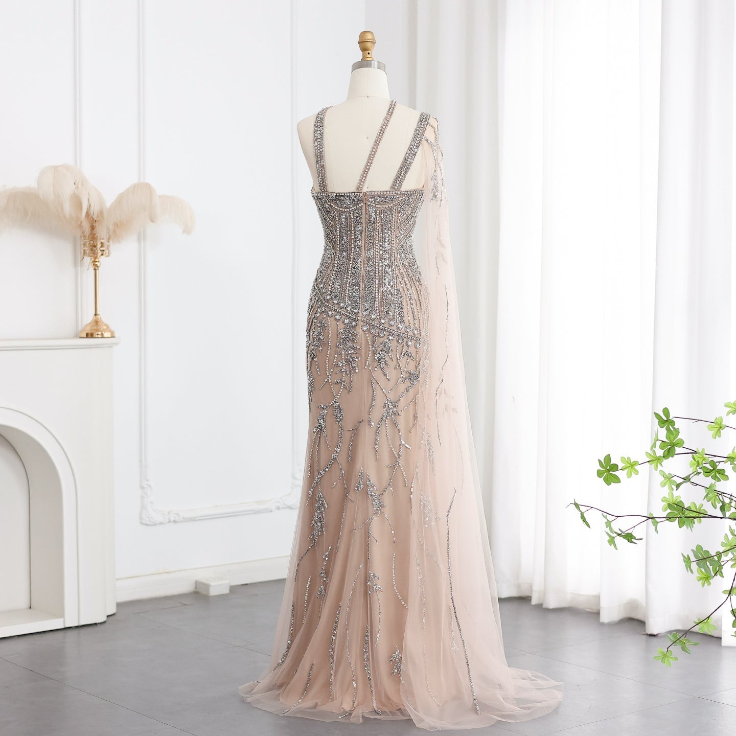Luxury Beaded Nude One Shoulder Side Slit Evening Dress SS154