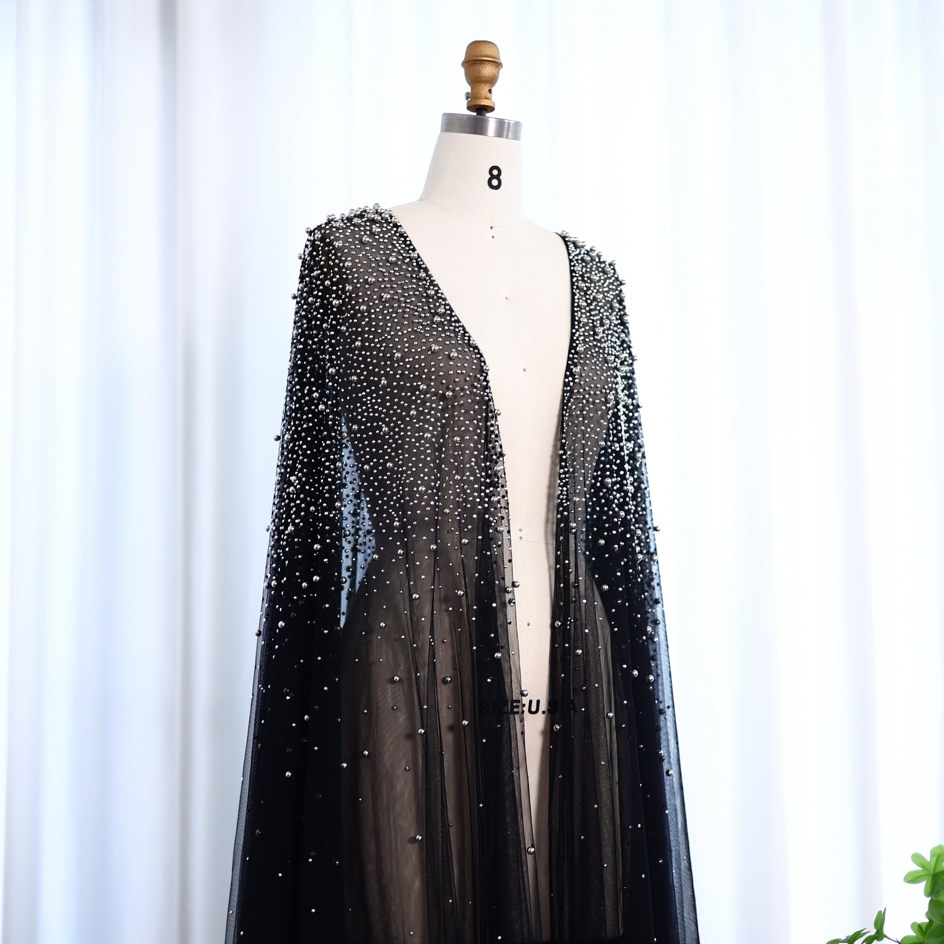 Elegant Black Beaded Long Cape Evening Dress SF082 