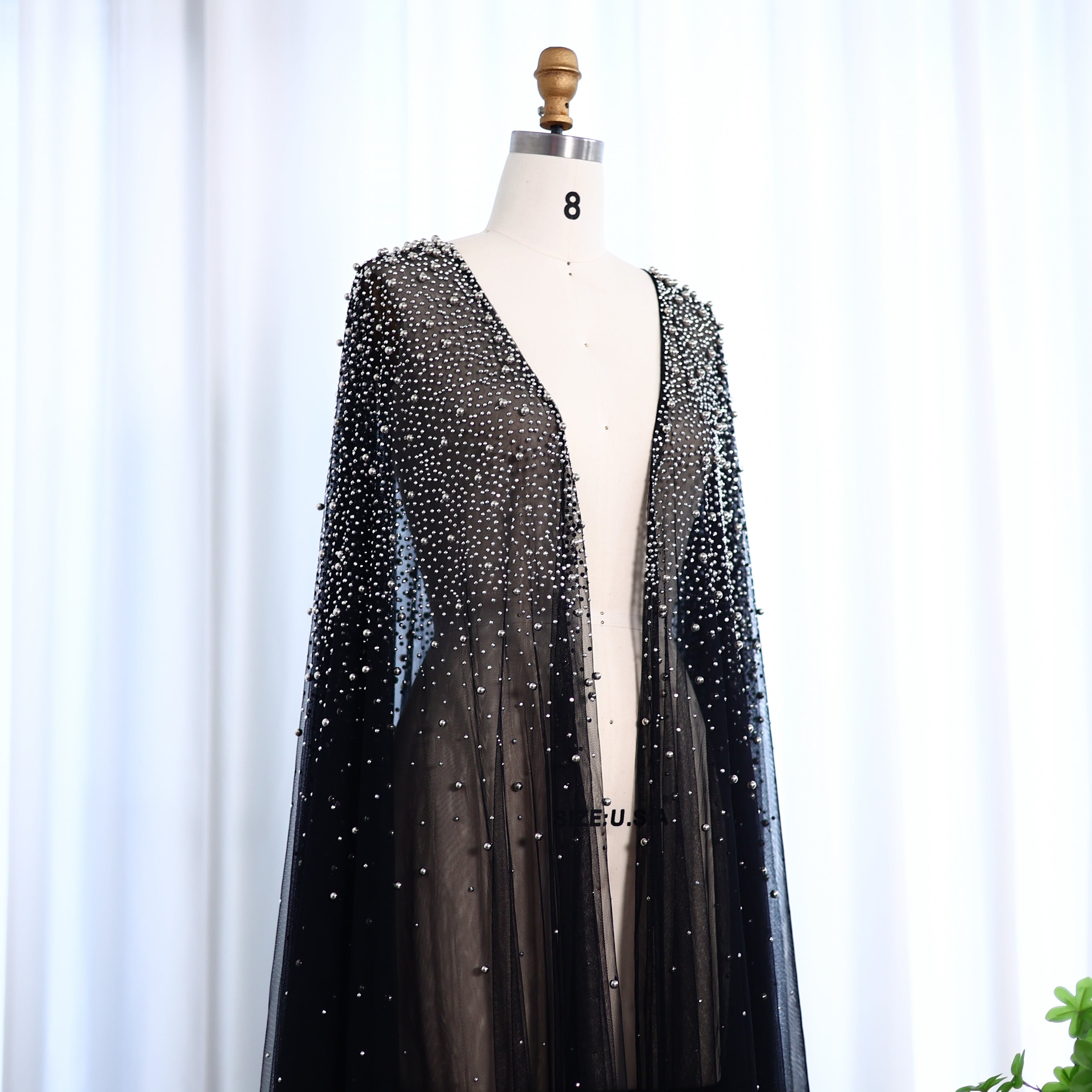 Elegant Black Beaded Long Cape Evening Dress SF082 