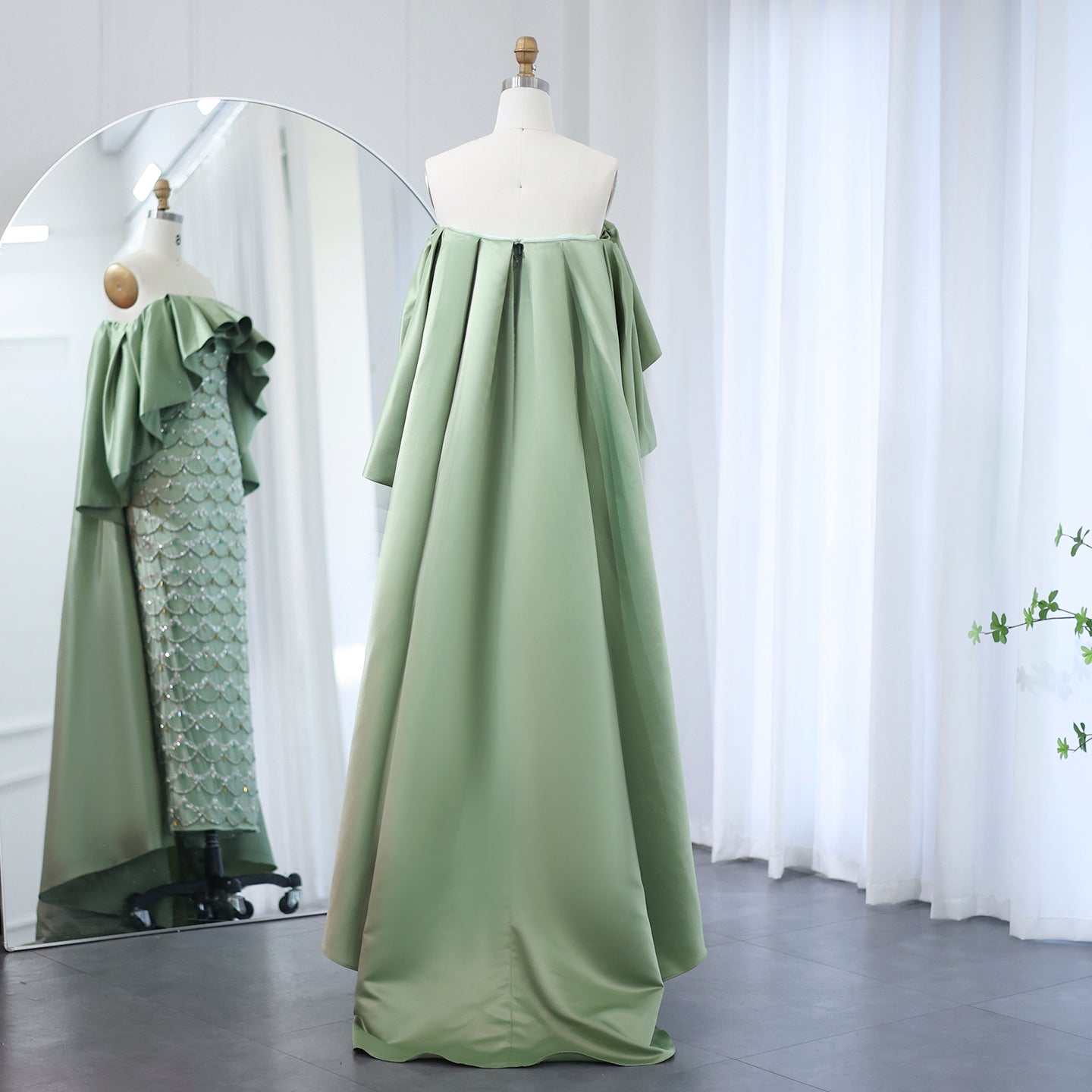 Luxury Sage Green Strapless Evening Dress with Cape SS383