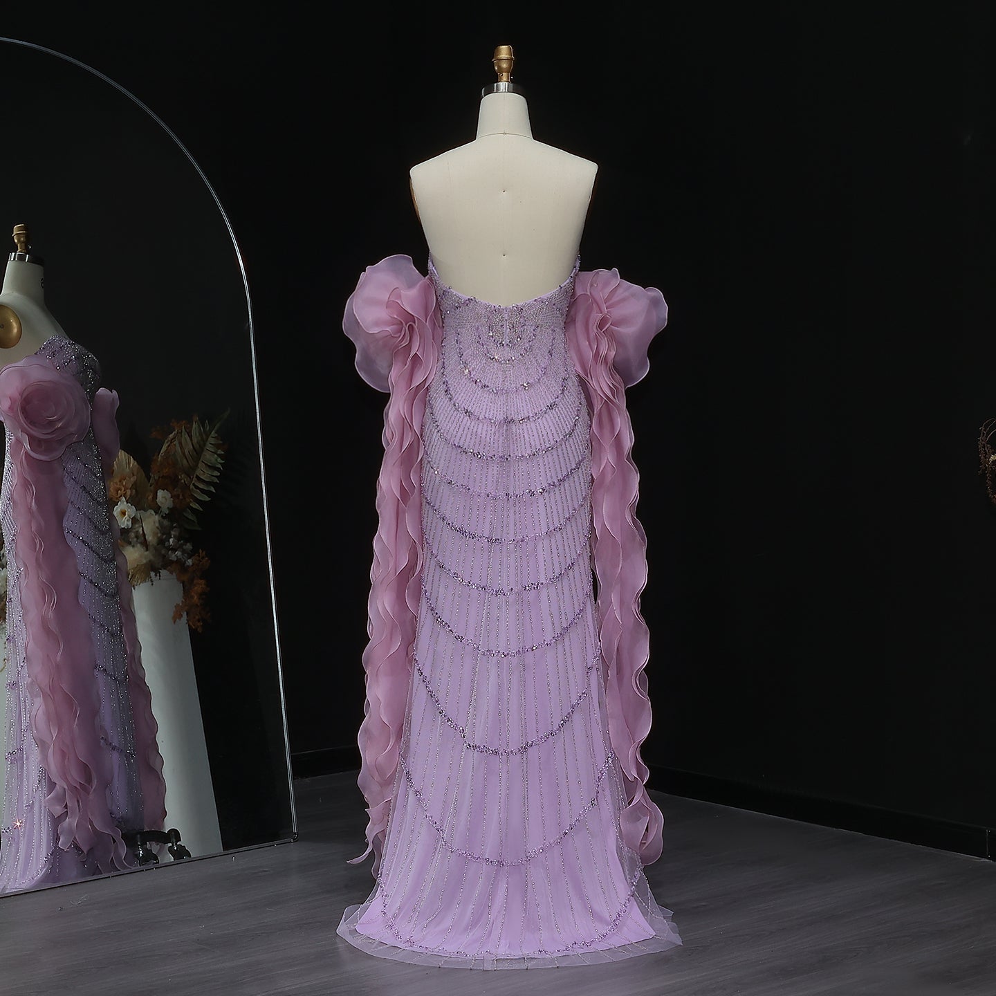 Luxury Lilac Strapless Evening Dress with 3D Flower Ruffles SS246