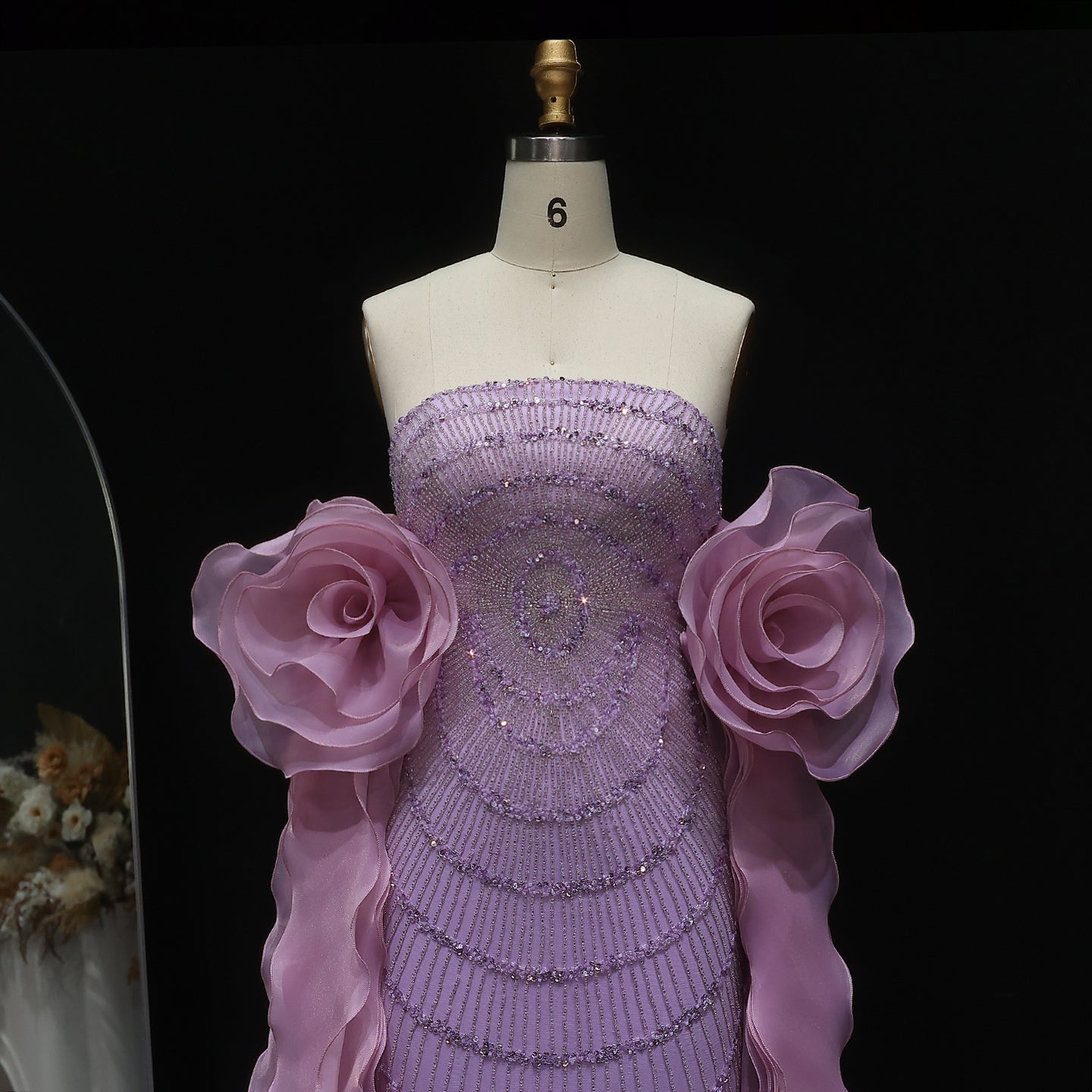 Luxury Lilac Strapless Evening Dress with 3D Flower Ruffles SS246