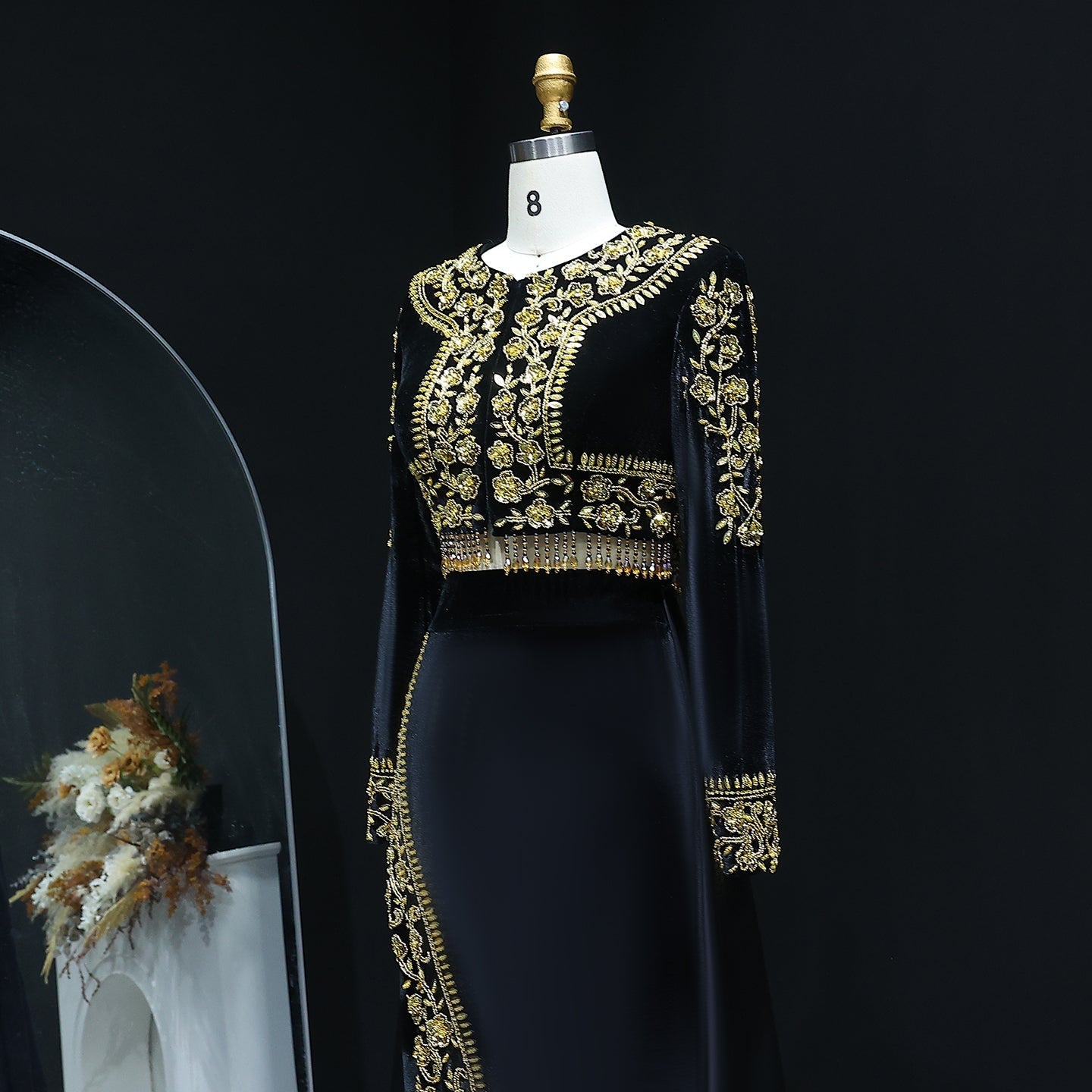 Elegant Black Crystal Two Pieces Evening Dress with Slit SS458