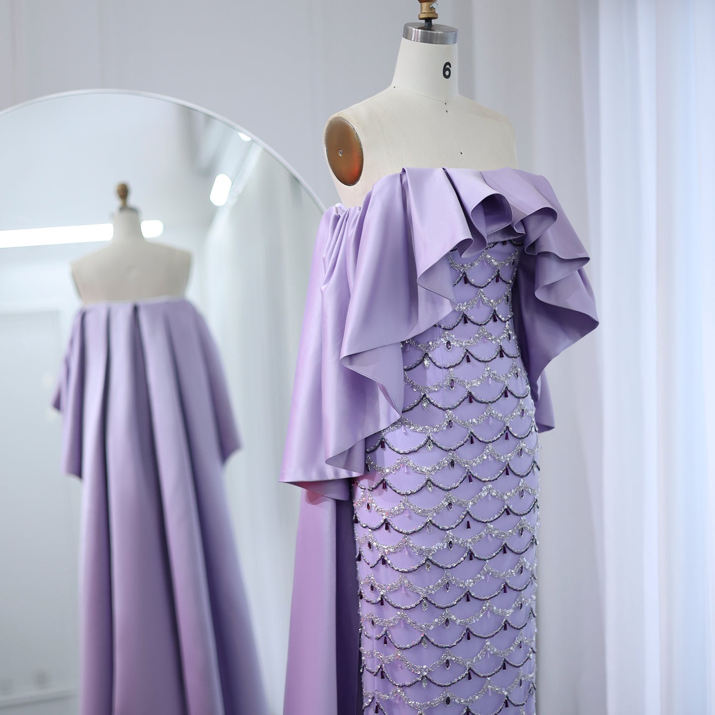 Luxury Sage Green Strapless Evening Dress with Cape SS383