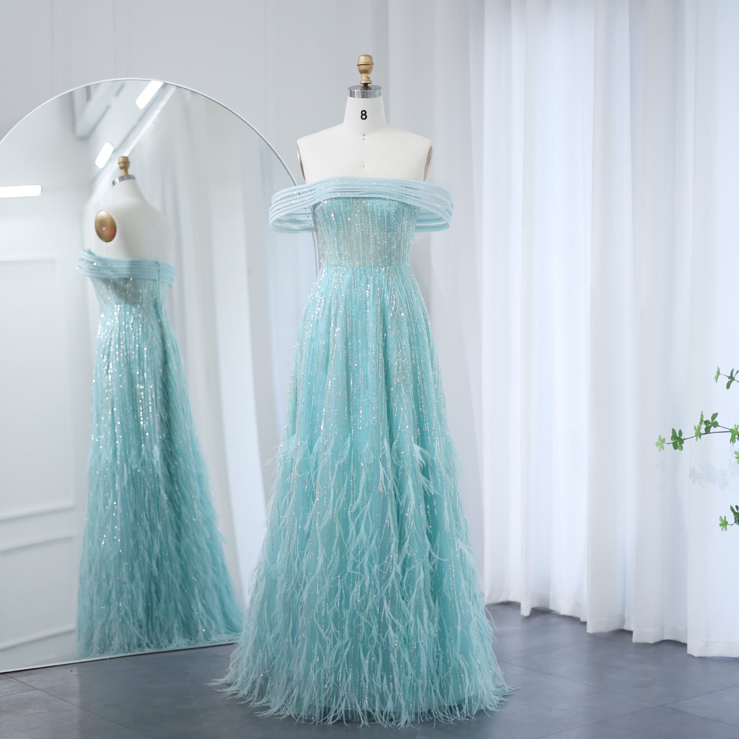 Luxury Feathers Aqua Off Shoulder Evening Dress SS435  Aqua / US 14