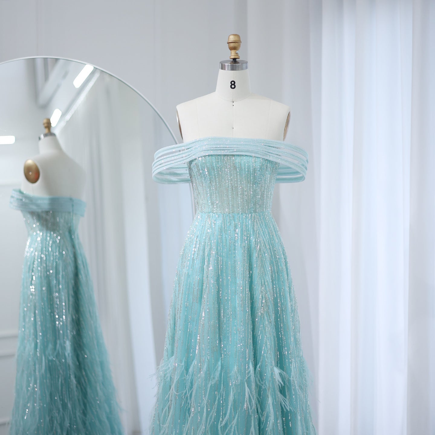 Luxury Feathers Aqua Off Shoulder Evening Dress SS435