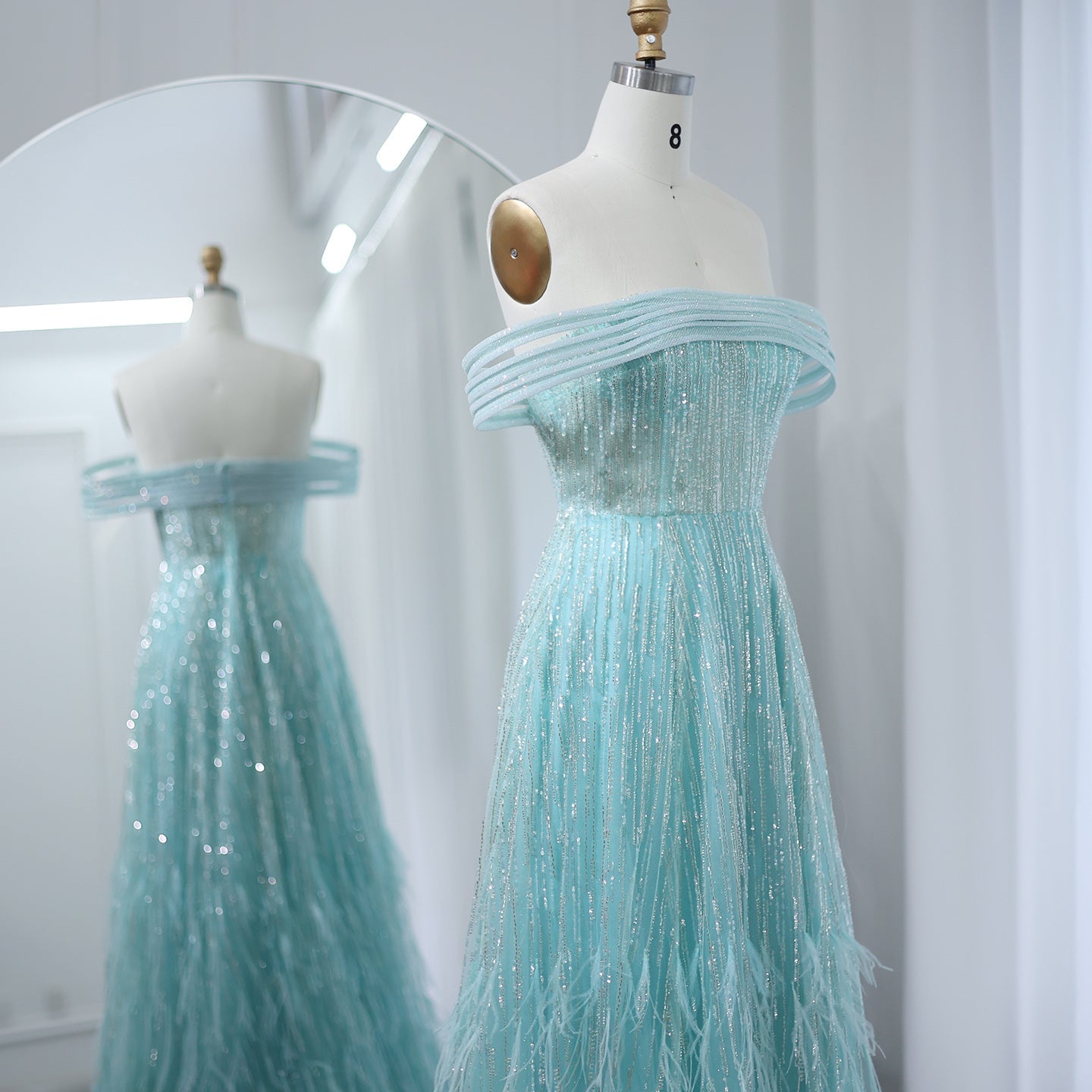 Luxury Feathers Aqua Off Shoulder Evening Dress SS435